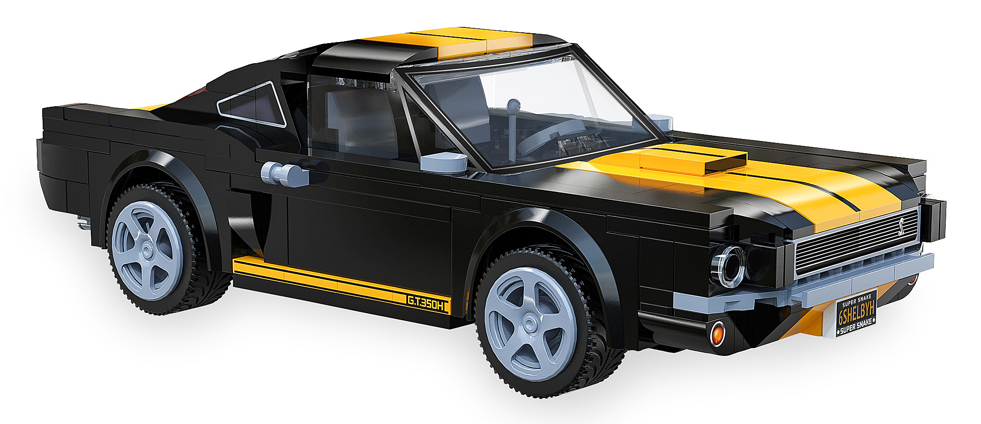 Schwarzer Lego-Sportwagen mit gelben Streifen und silbernen Felgen.