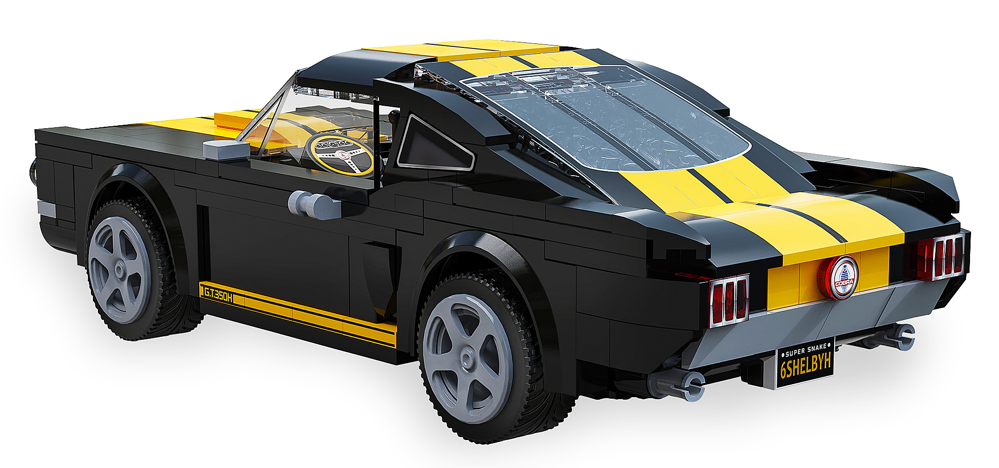 Schwarzer und gelber Lego Mustang GT350H mit Rennstreifen und Cobra-Emblem.