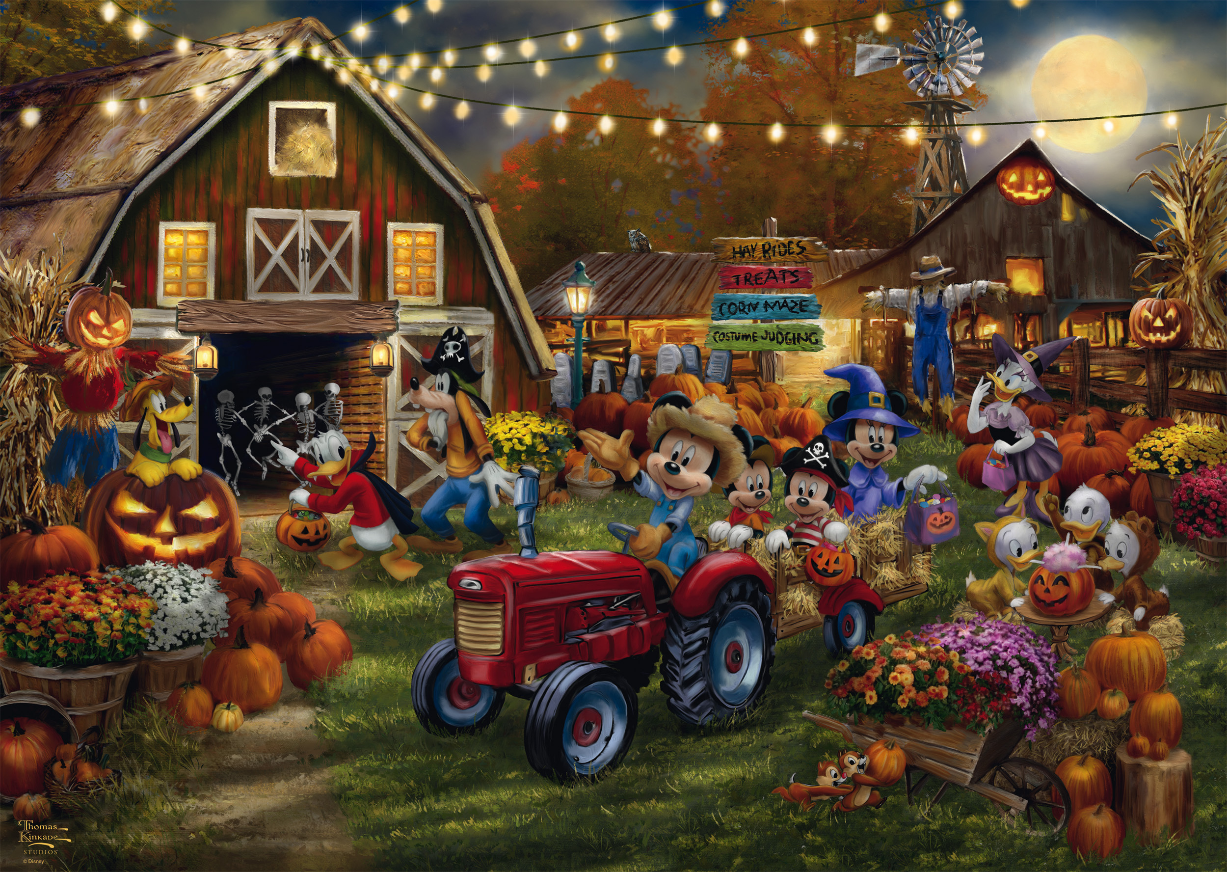 Disney-Figuren feiern Halloween auf einem Bauernhof mit Kürbissen, Stroh und Lichterketten.
