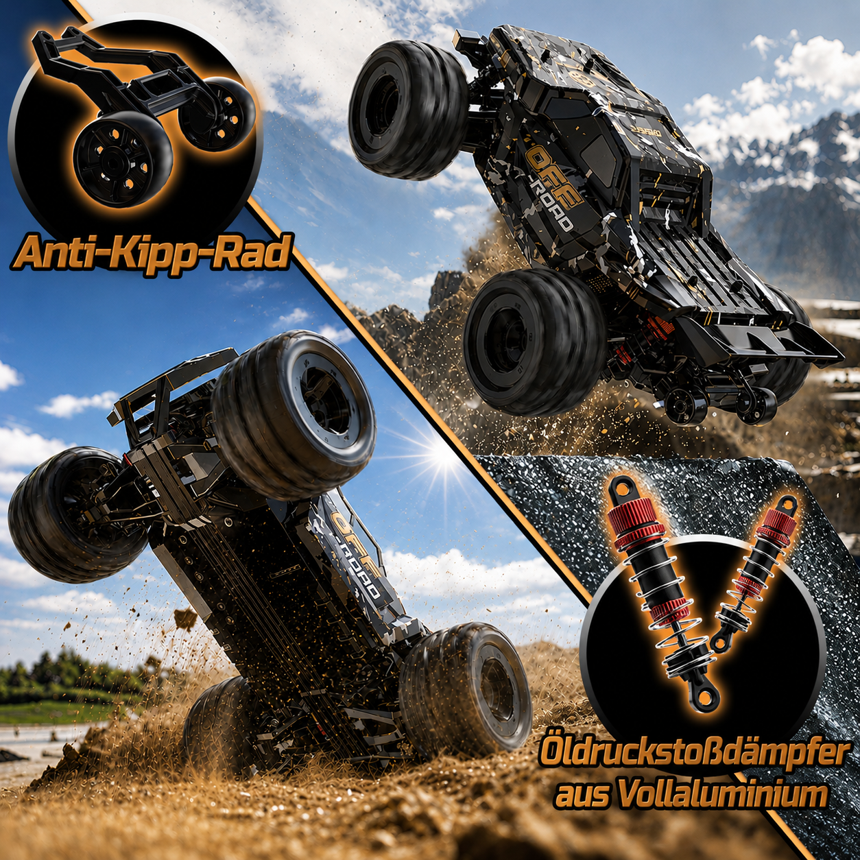 Vier Bilder eines geländegängigen RC-Autos: das Auto springt, rollt, und Details seiner Teile.