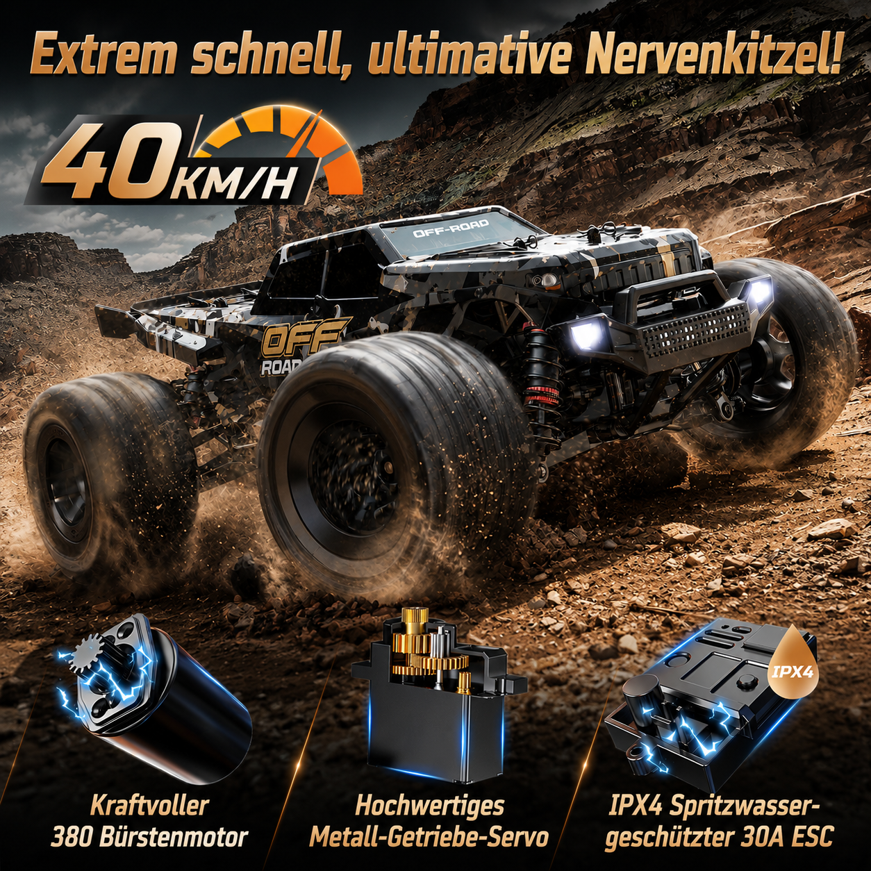 Ein schwarzer RC-Offroad-Truck rast über staubiges Gelände, 40 km/h angezeigt.
