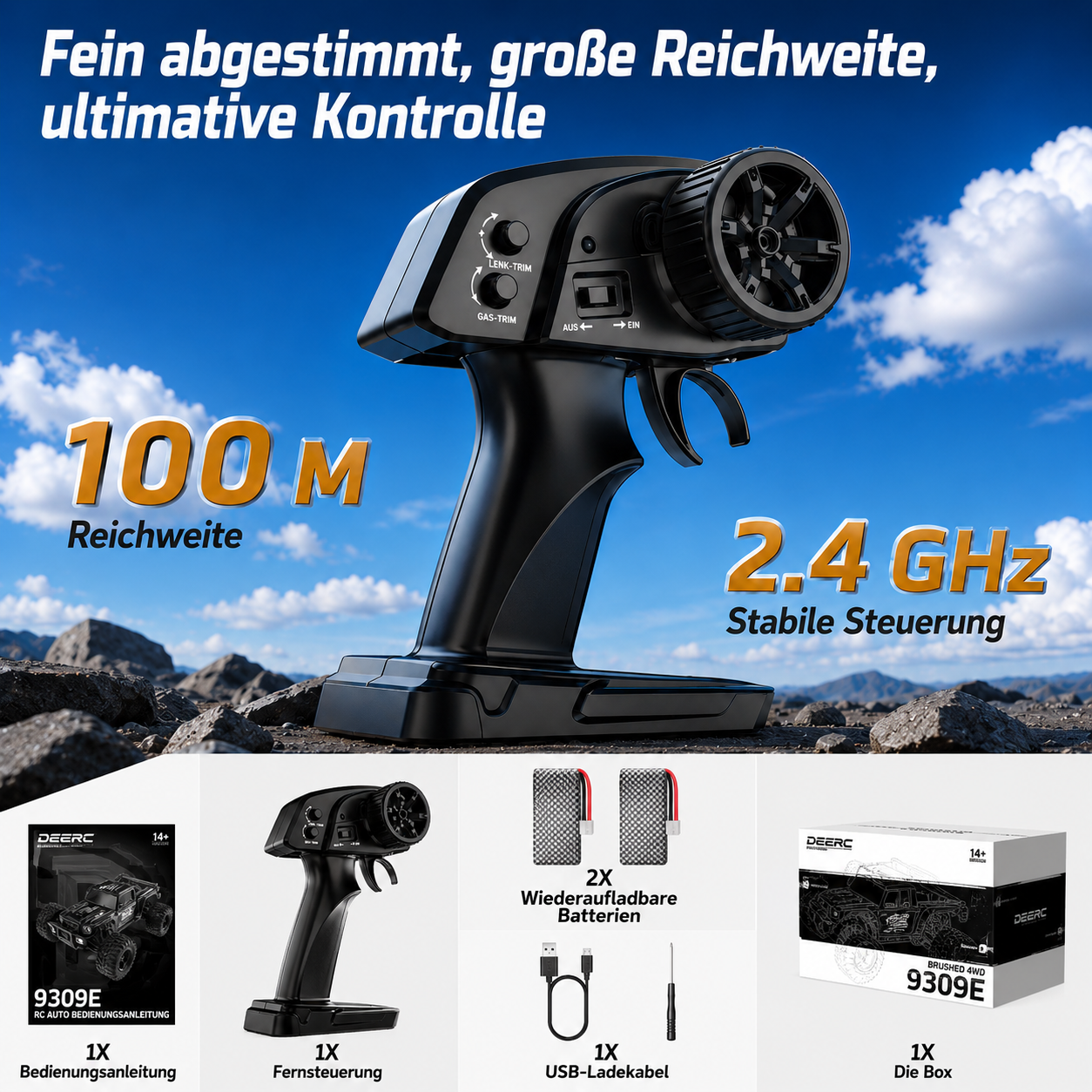 RC-Sender mit 100m Reichweite, 2.4 GHz. Enthält Anleitung, Fernsteuerung, Batterien, Ladekabel, Box.