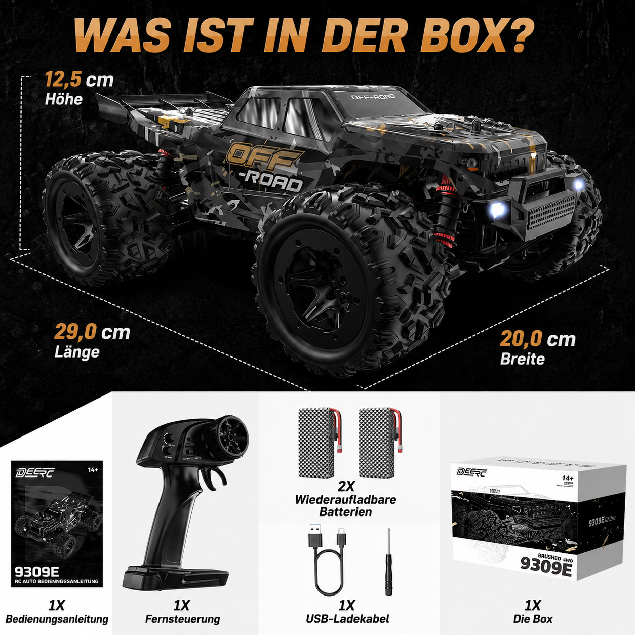Ein schwarzer RC-Offroad-Truck mit Maßen, Fernsteuerung, Batterien, Kabel und Anleitung.