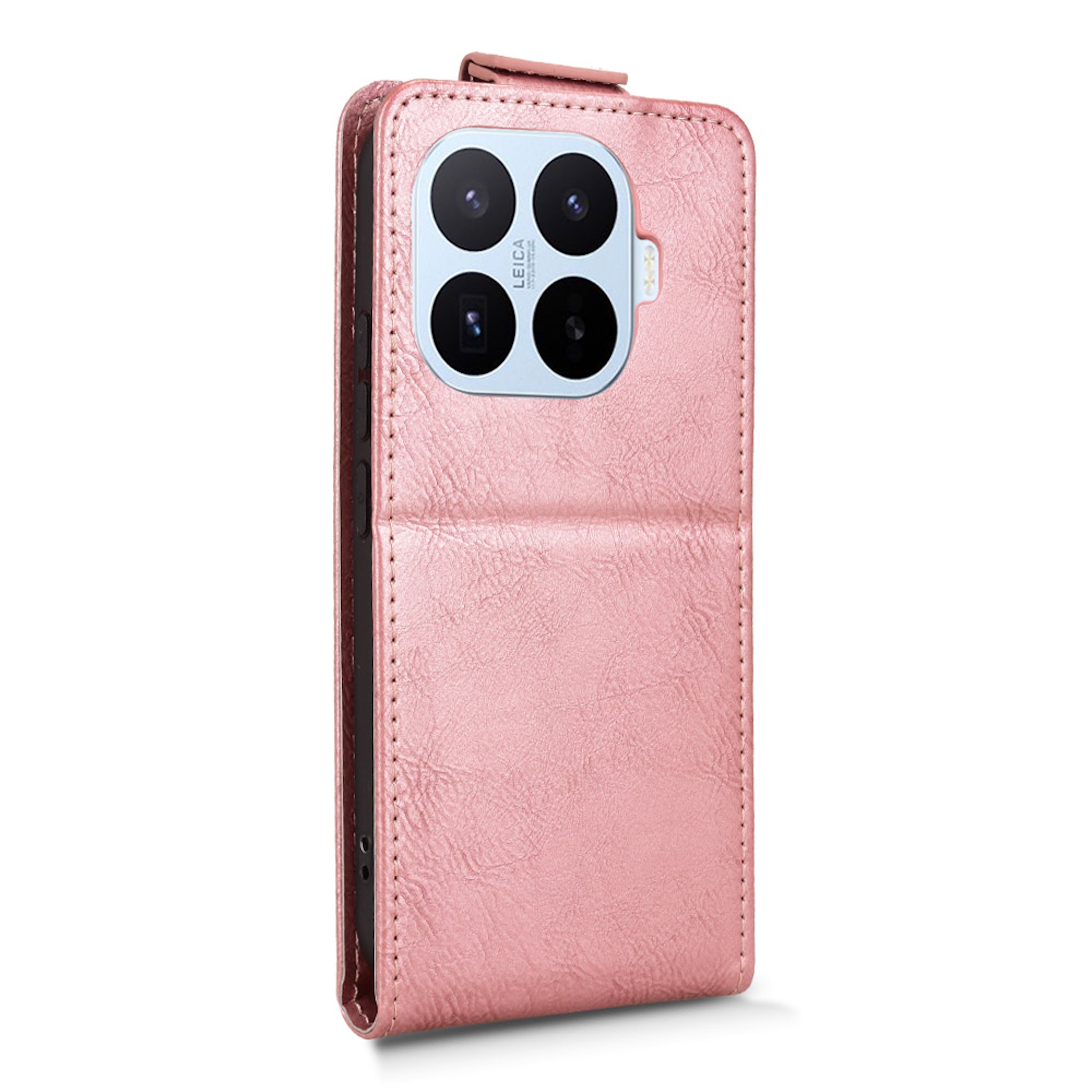 Ein rosafarbener Handy-Flip-Case mit vier Kameralinsen und dem Leica-Logo.