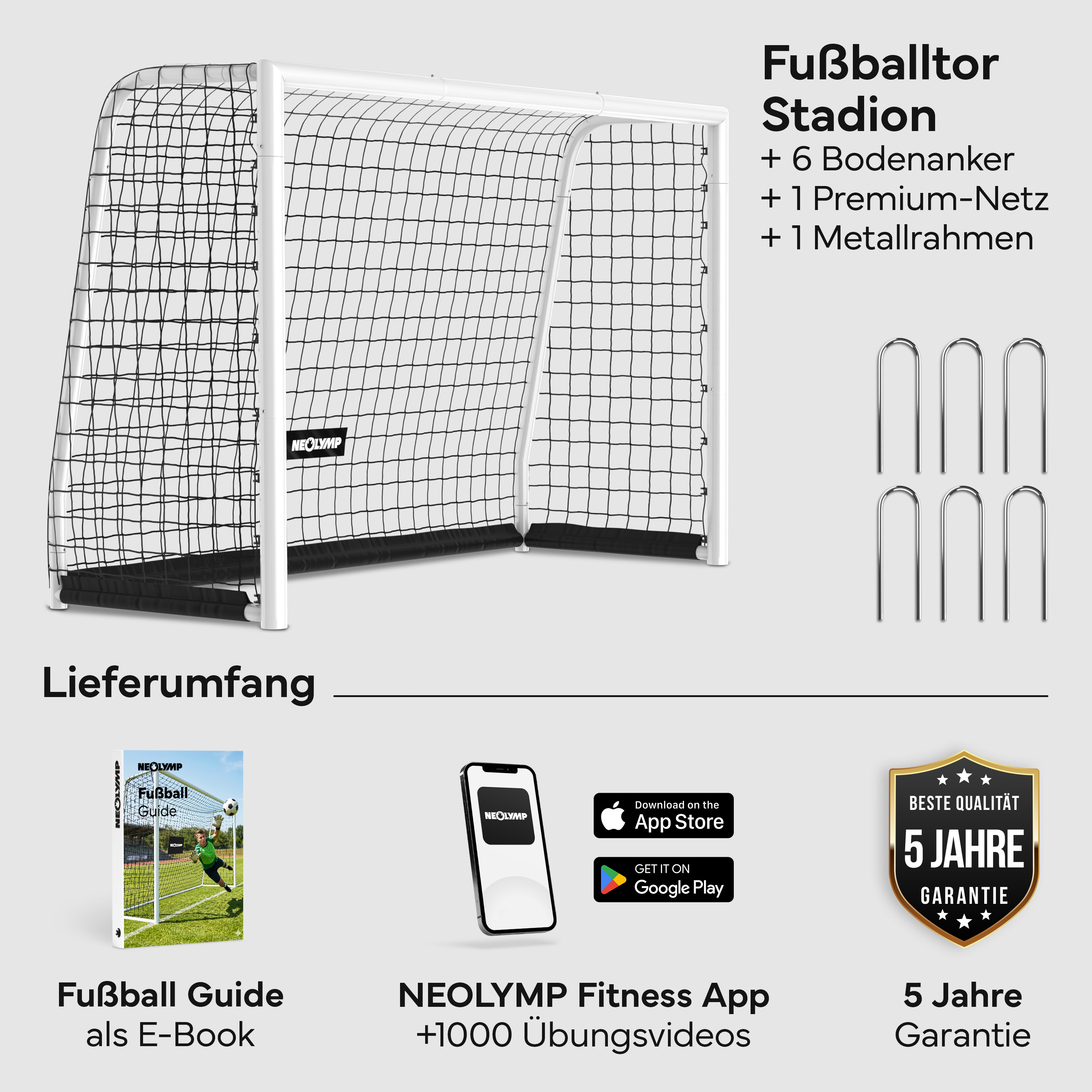 Ein Fußballtor mit Netz, Bodenankern, E-Book, App und Garantie.