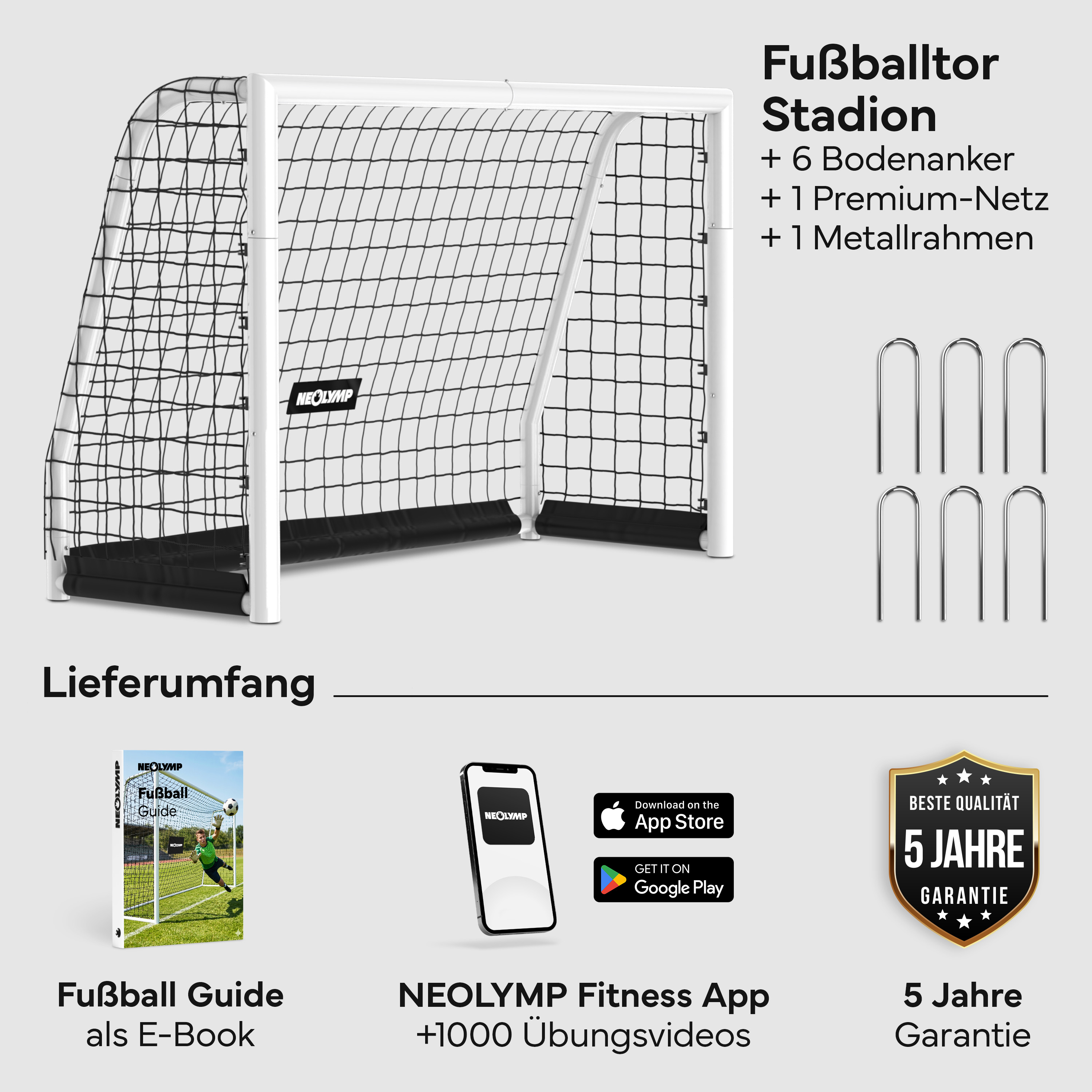 Ein Fußballtor mit Netz, Bodenankern, App-Icons und Garantie-Siegel.