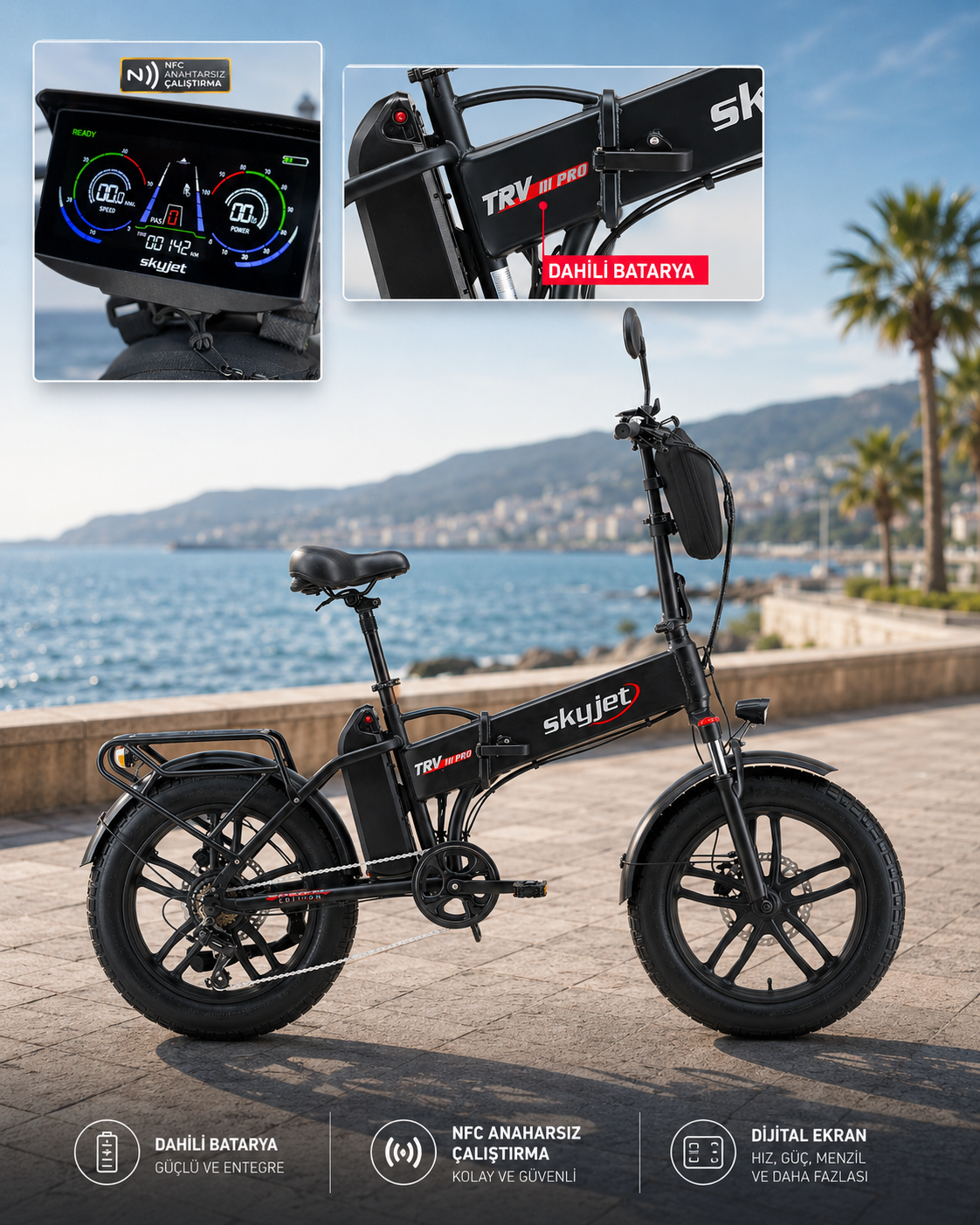 Deniz kenarında siyah Skyjet elektrikli bisiklet. Yakın çekimlerde ekran ve batarya.