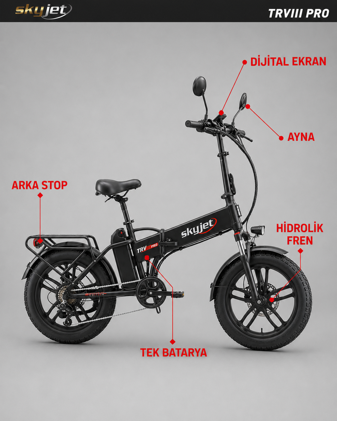 Dijital ekranlı, aynalı, arka stoplu, bataryalı ve hidrolik frenli siyah Skyjet elektrikli bisiklet.