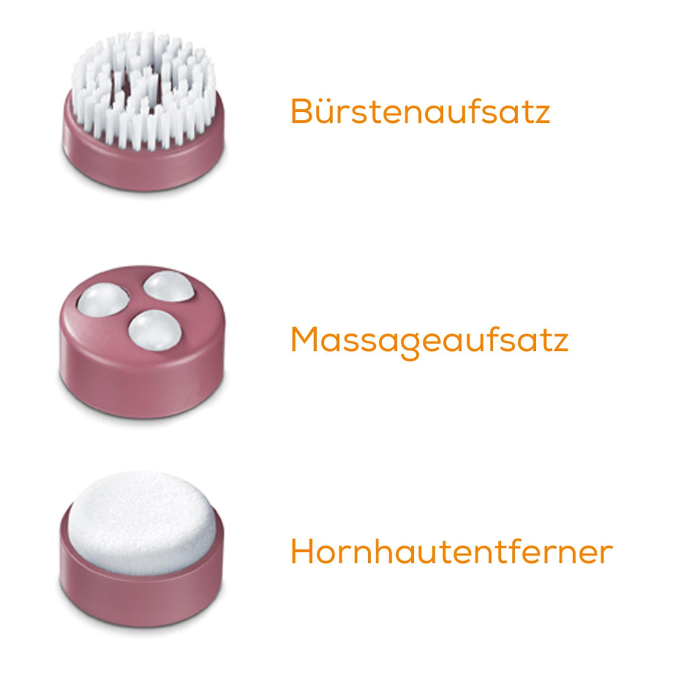 Drei Aufsätze für ein Hautpflegegerät: Bürste, Massage und Hornhautentferner.