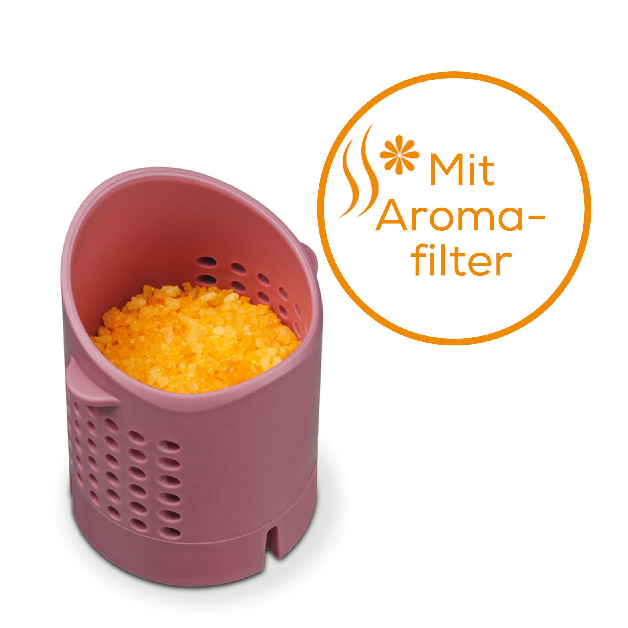 Ein rosafarbener Behälter mit orangefarbenen Kristallen und einem Aroma-Filter-Symbol.