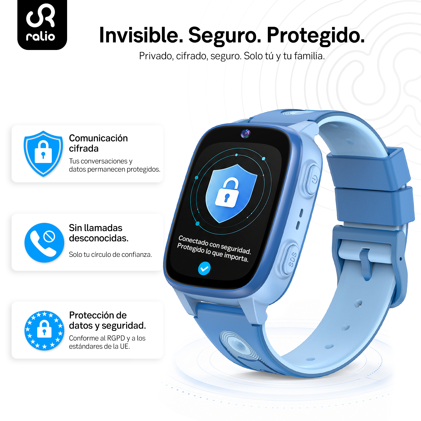 Smartwatch infantil azul con iconos de seguridad: comunicación cifrada, sin llamadas desconocidas, protección datos.