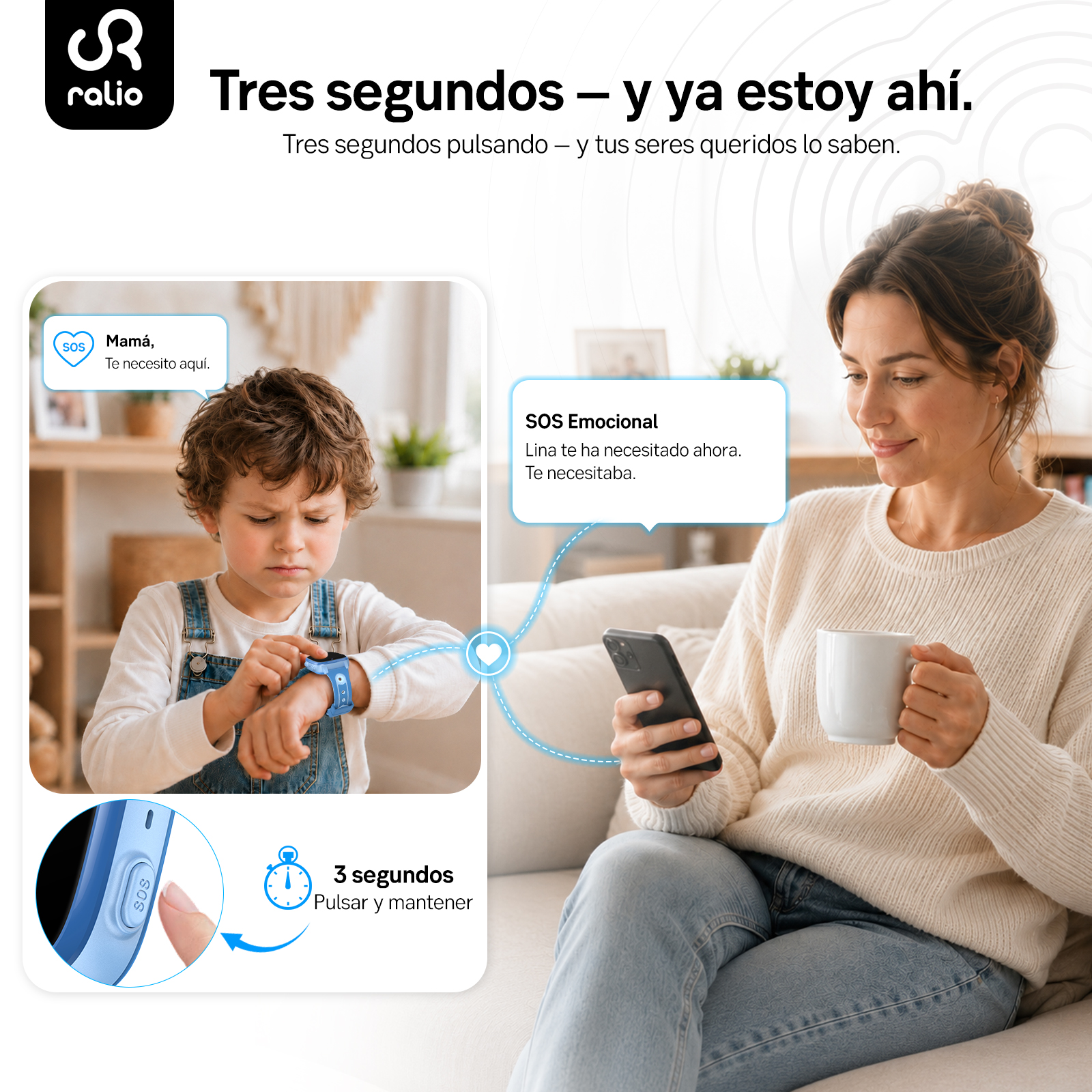Niño con reloj a la izquierda, mujer con teléfono y taza a la derecha.