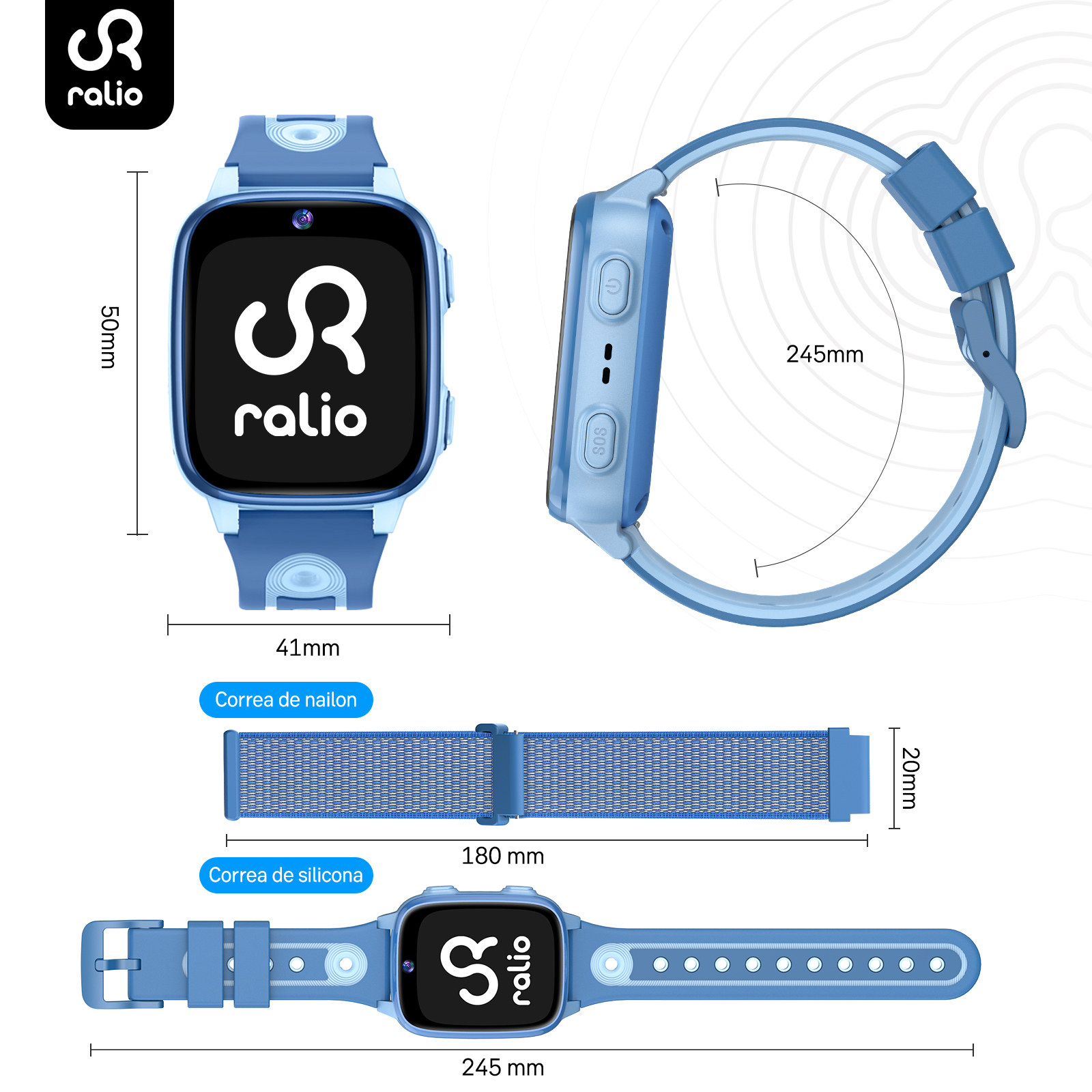 Pantalla de smartwatch infantil azul con logo R, vista lateral y detalles.
