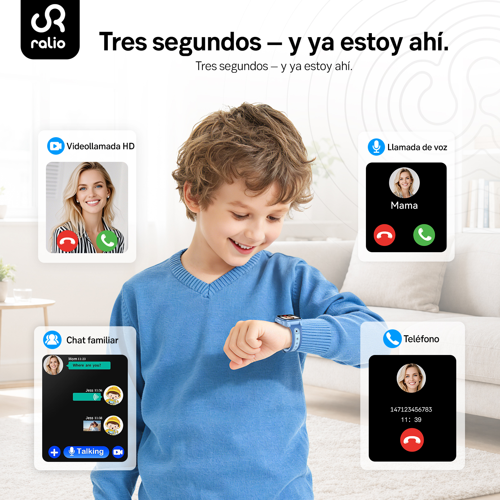 Un niño mira su smartwatch, mostrando llamadas y chats entrantes.