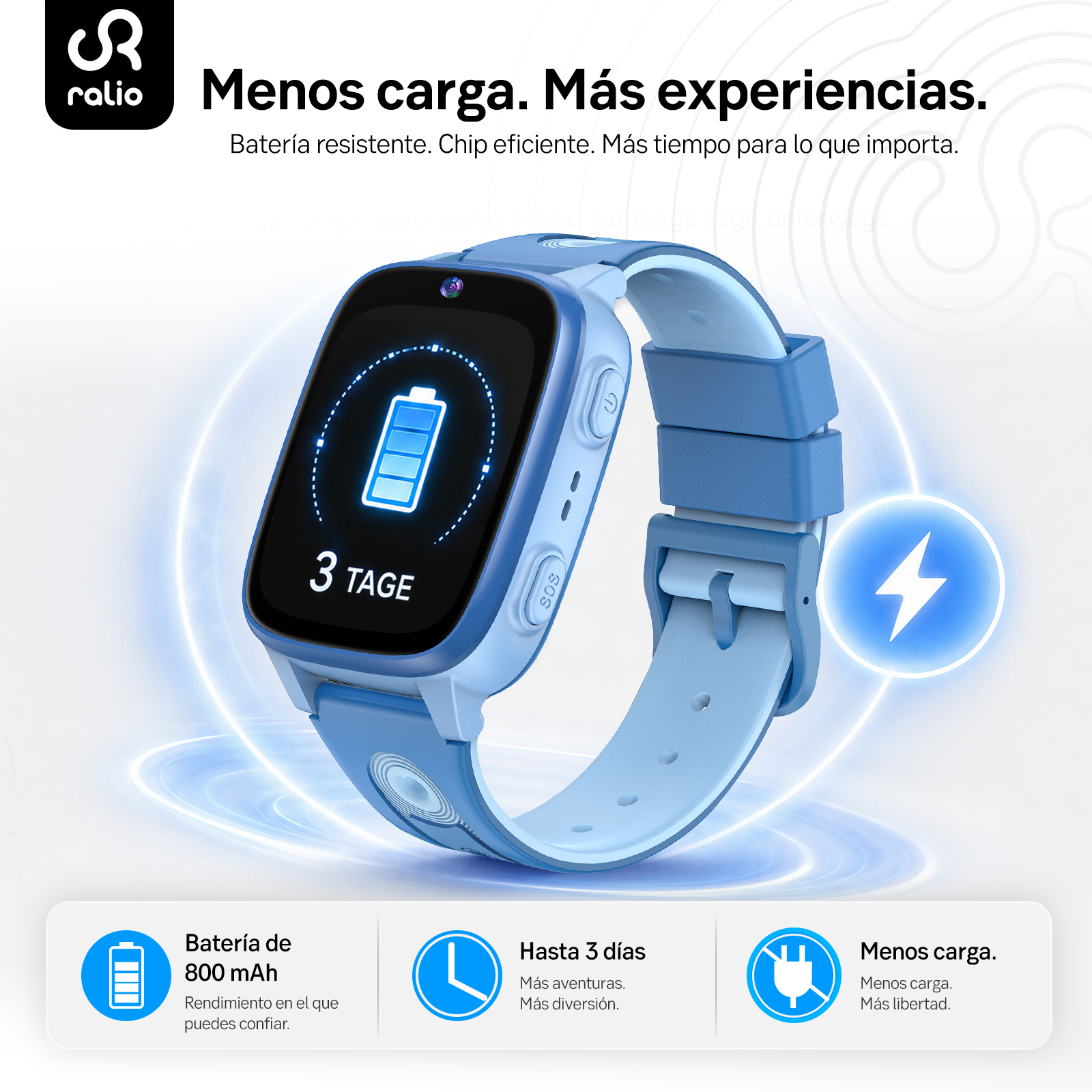 Reloj inteligente infantil azul con indicador de batería '3 DÍAS'.