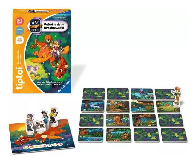 Tiptoi Brettspiel: Geheimnis im Drachenwald mit Figuren, Spielkarten und Spielbox.