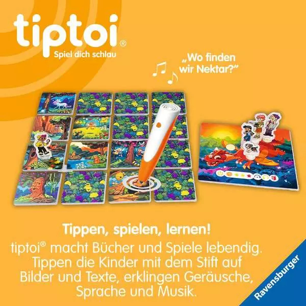 Tiptoi Stift und ein Spiel mit verschiedenen Bildern und einem Drachenbuch.