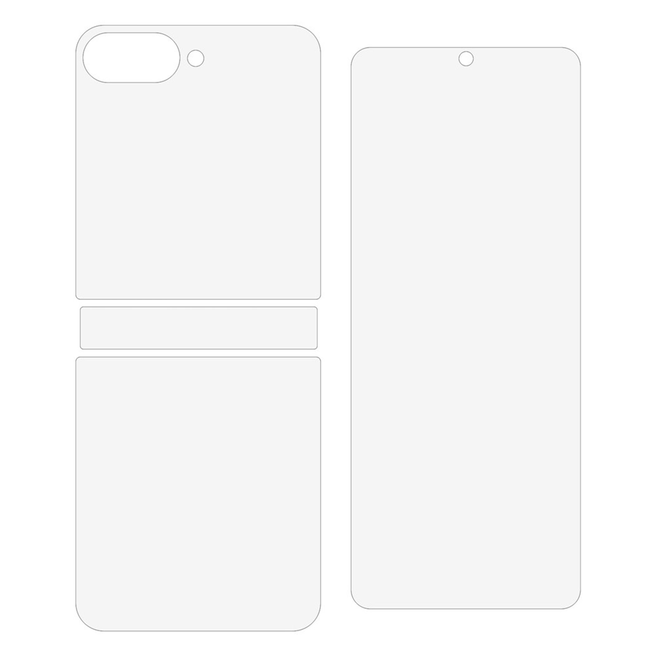 Zwei weiße Schablonen für ein klappbares Telefon, eins für die Vorderseite, eins für die Rückseite.