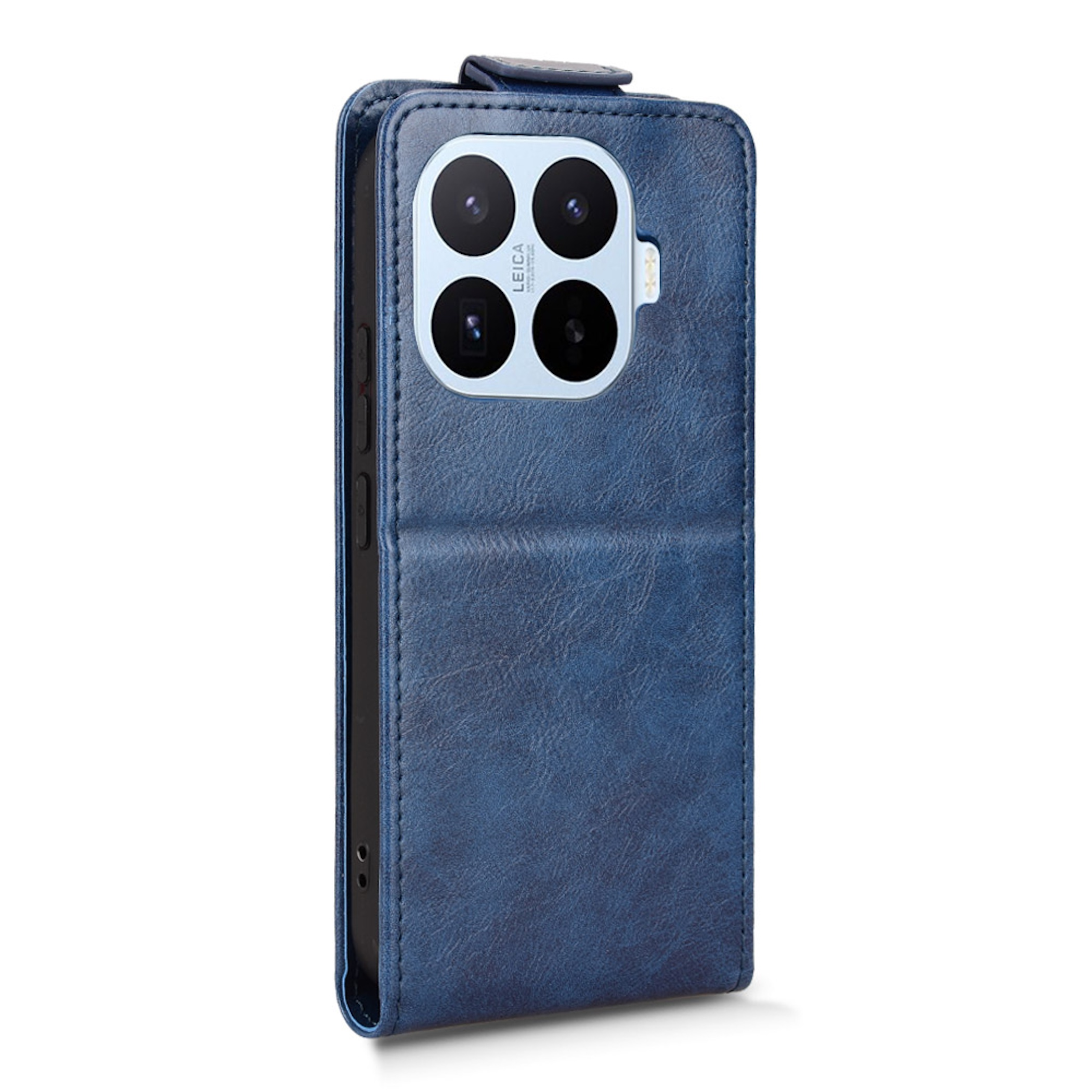 Blaues Leder-Handyhülle mit vierfacher Kamera und Leica-Schriftzug.