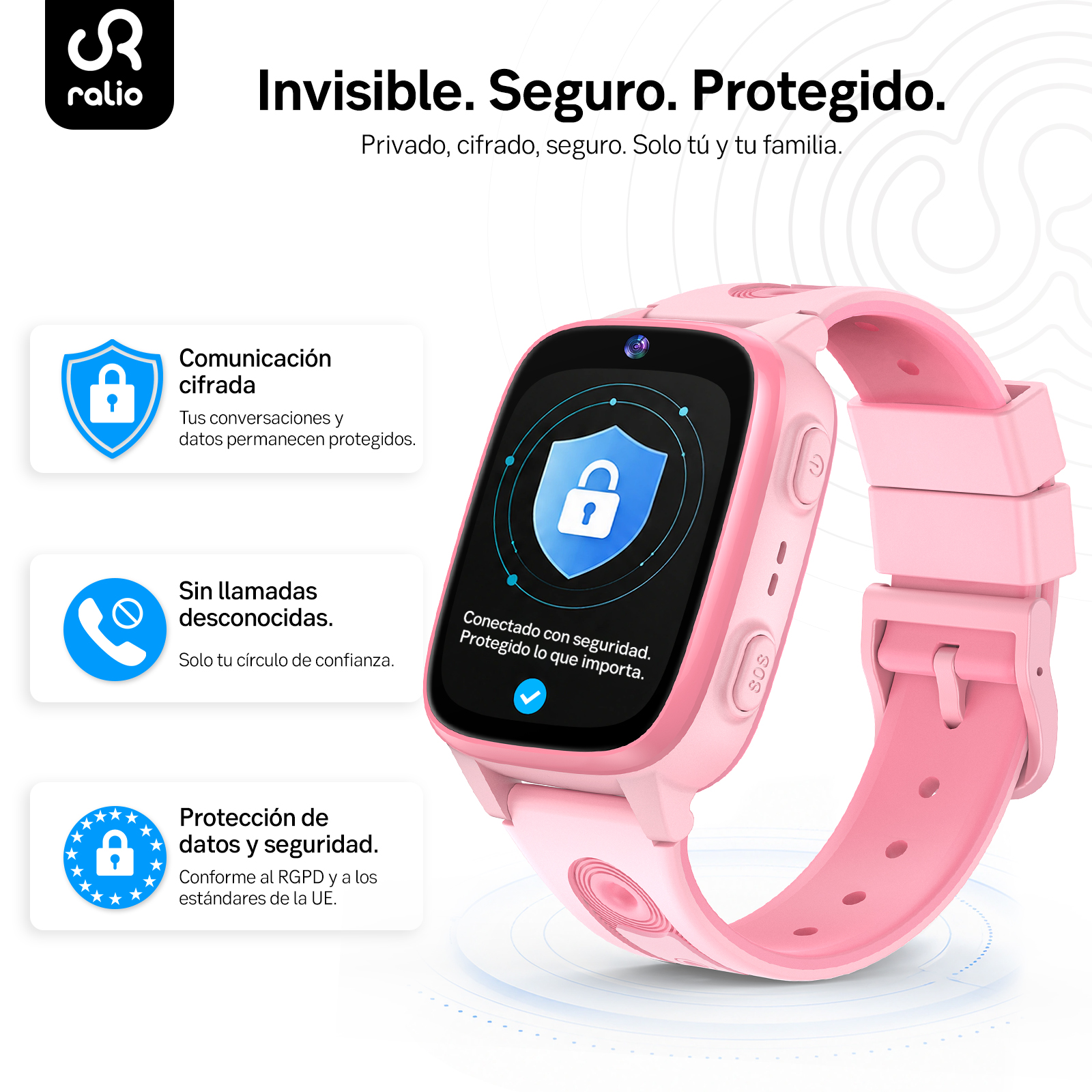 Un reloj inteligente rosa con texto sobre seguridad y comunicación.