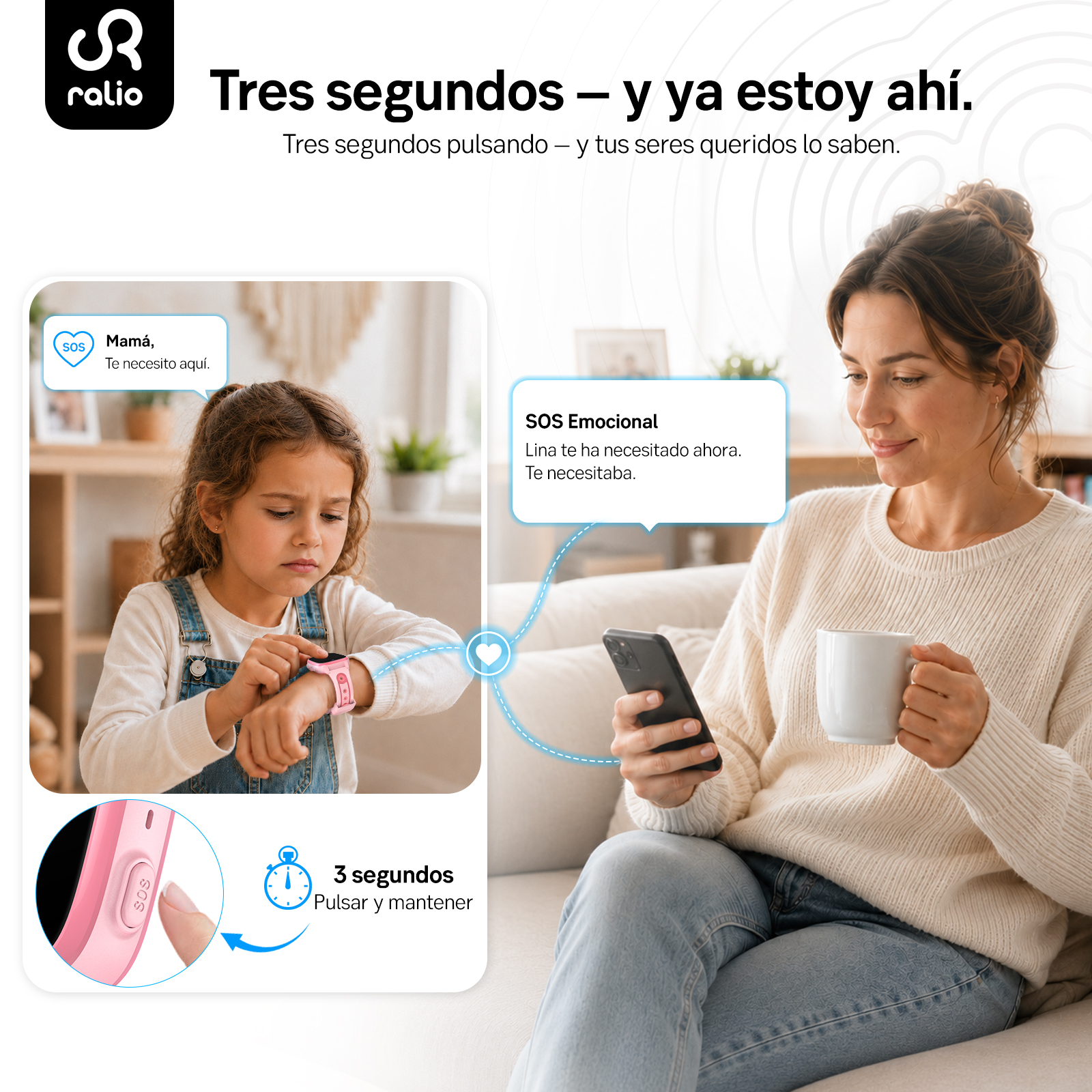 Una niña con reloj rosa pulsa SOS. Una mujer sostiene un móvil y una taza.