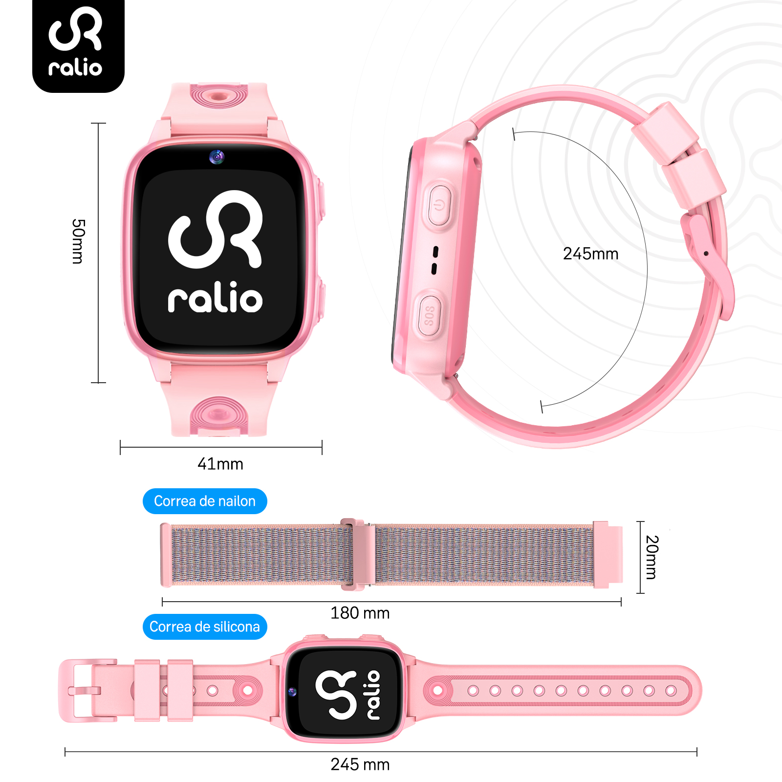 Un conjunto de smartwatch rosa para niños con varias correas y etiquetas de dimensiones.