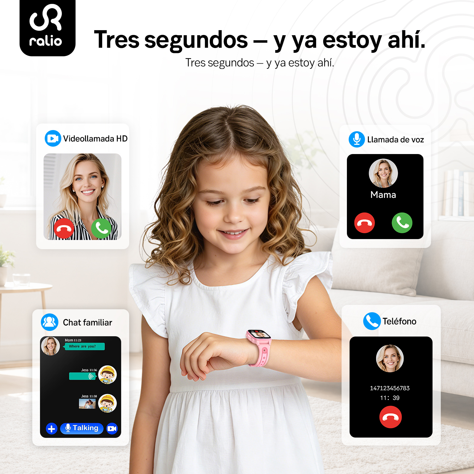 Una niña lleva un reloj inteligente rosa con notificaciones de videollamadas, chats y teléfono.