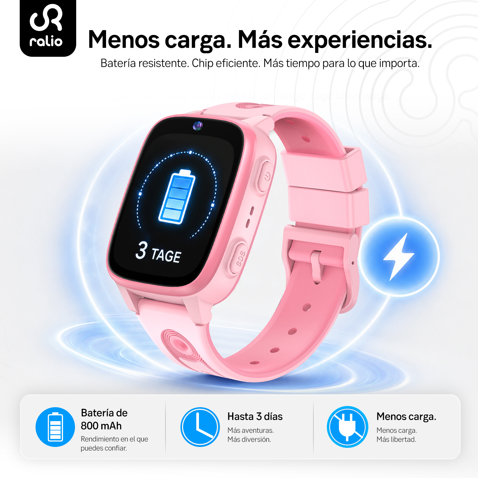 Reloj inteligente rosa para niños con batería para 3 días.