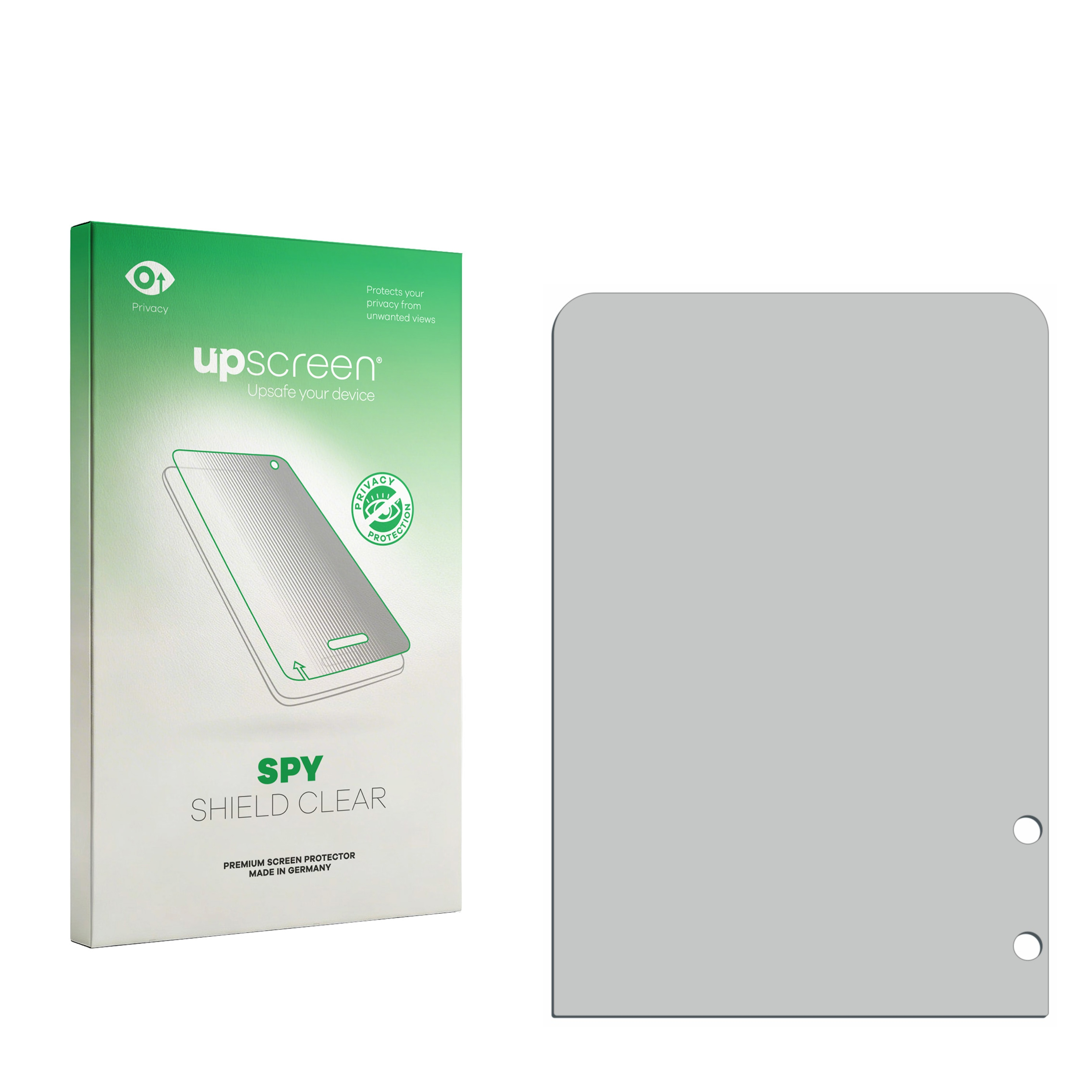 Grüne Verpackung mit "upscreen SPY SHIELD CLEAR" und einem Displayschutz. Daneben ein grauer Displayschutz.
