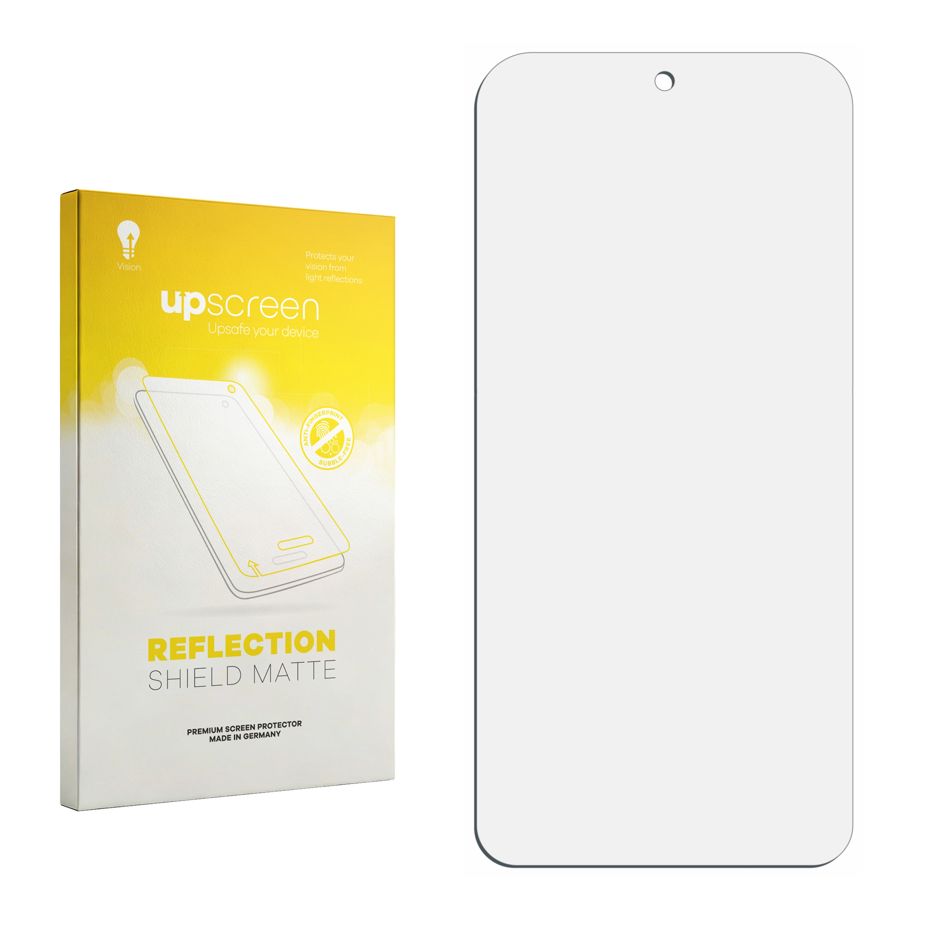 Verpackung und Displayschutzfolie für ein Handy. Gelbe Verpackung mit Aufdruck.