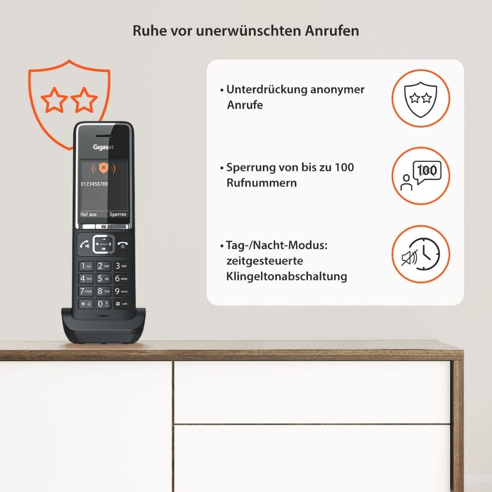 Telefon Gigaset z funkcjami takimi jak blokowanie anonimowych połączeń, blokowanie 100 numerów.