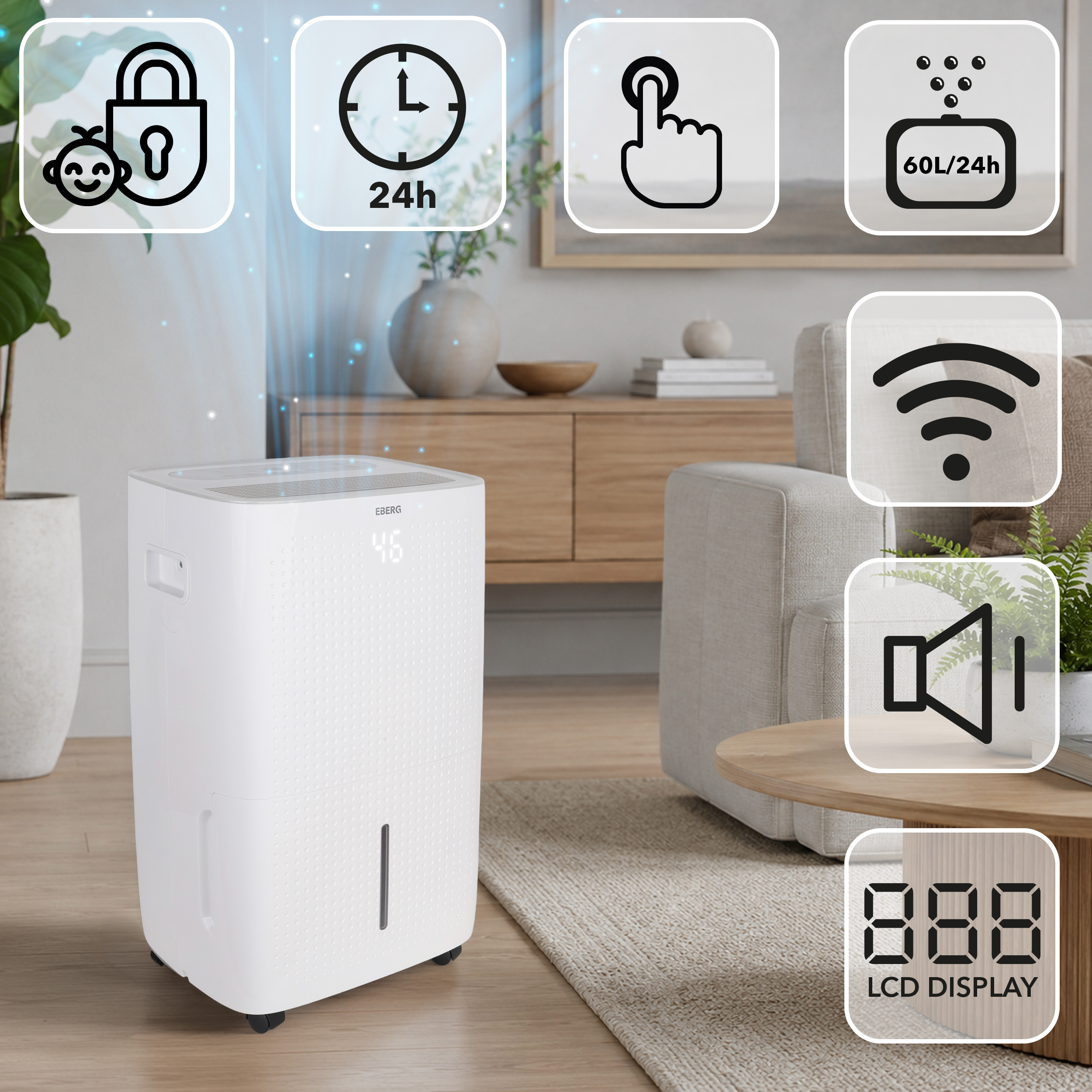 Biały osuszacz powietrza w salonie z ikonami blokady rodzicielskiej, 24h, dotykowy, 60L/24h, WiFi i głośności.