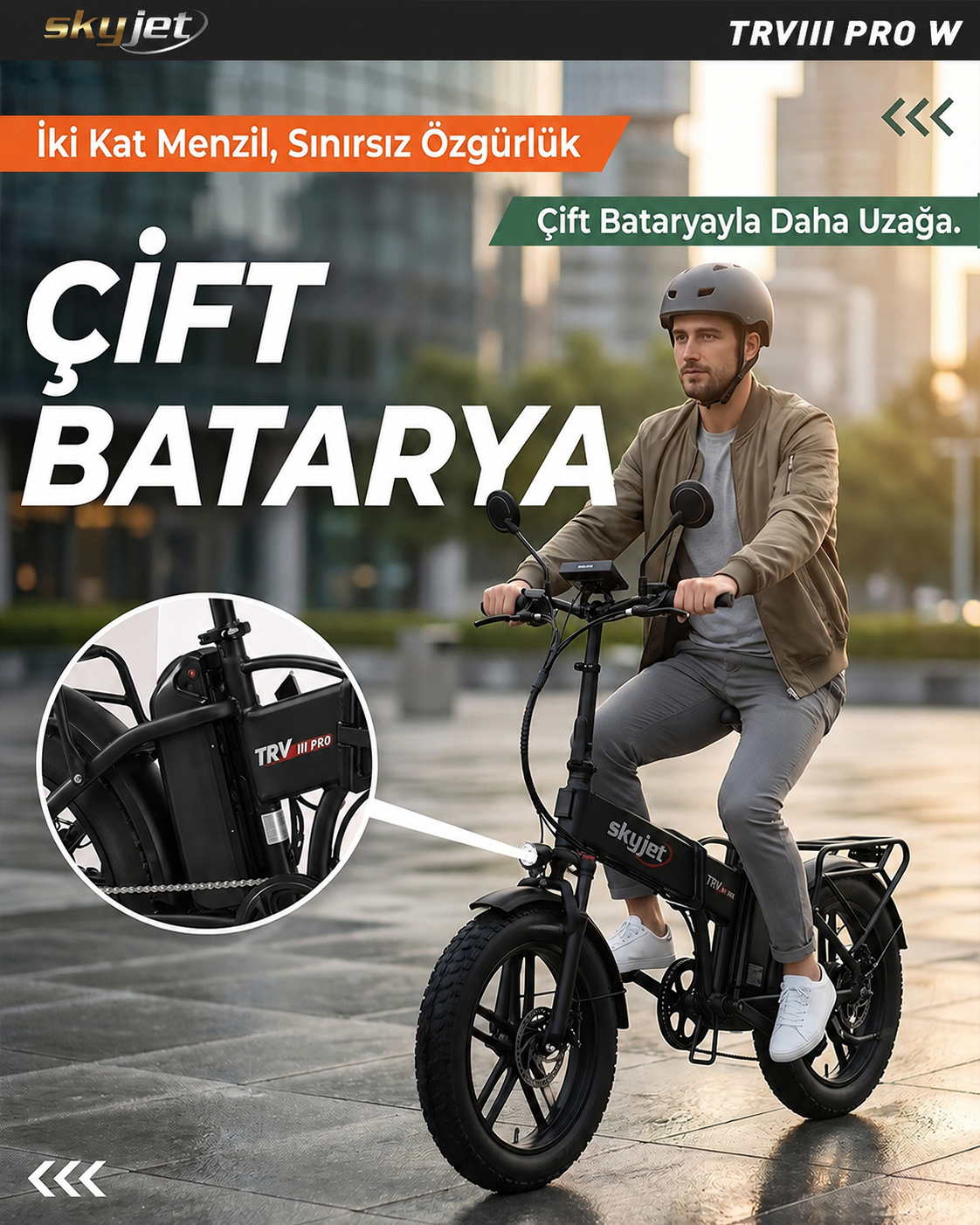 Adam, şehirde iki pilli siyah elektrikli bisiklet sürüyor.