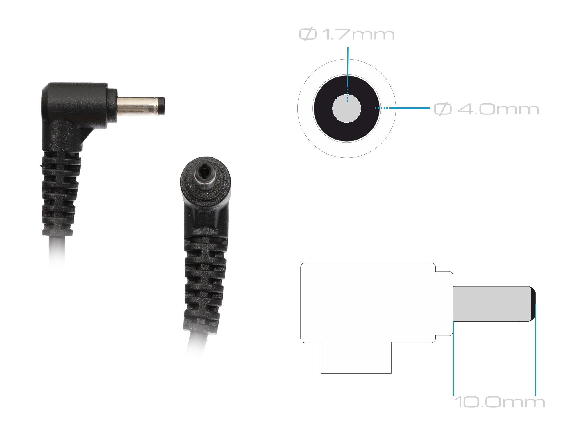 Zwei schwarze Winkelstecker mit Kabel, eine schematische Ansicht eines Steckers mit Maßen.