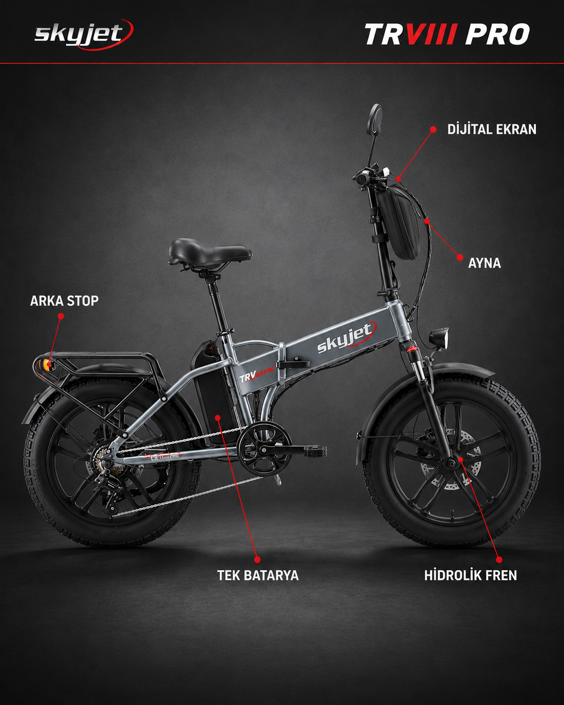 Gri Skyjet elektrikli bisiklet, TRVIII PRO yazılı, arka lamba, batarya ve disk frenli.