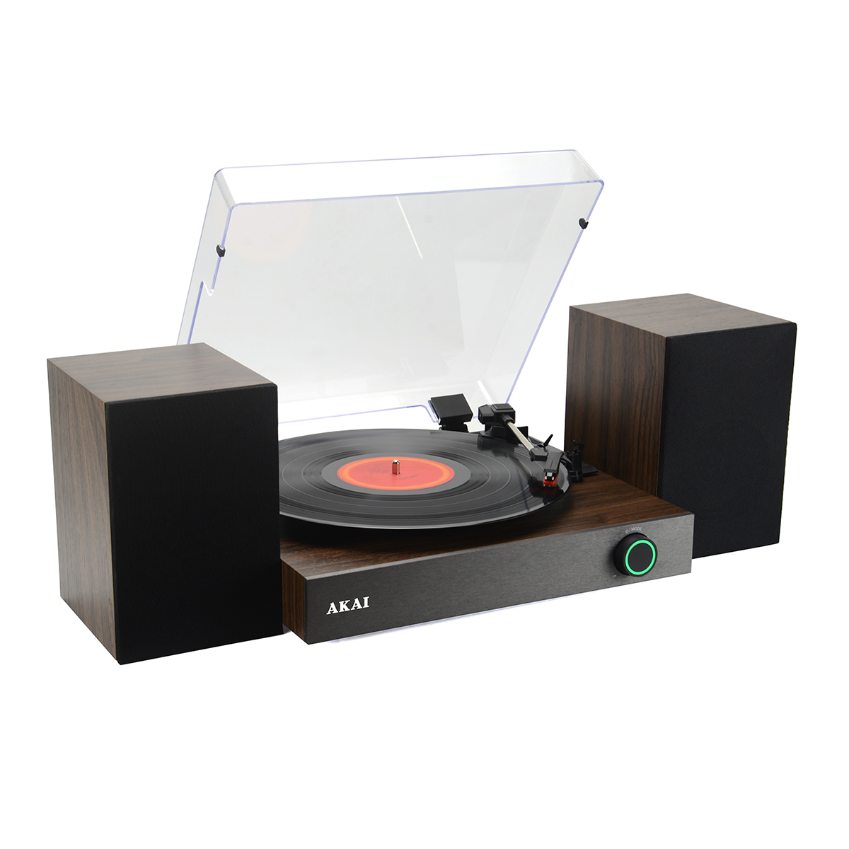 Gramofon z dwoma głośnikami i odtwarzaną płytą.