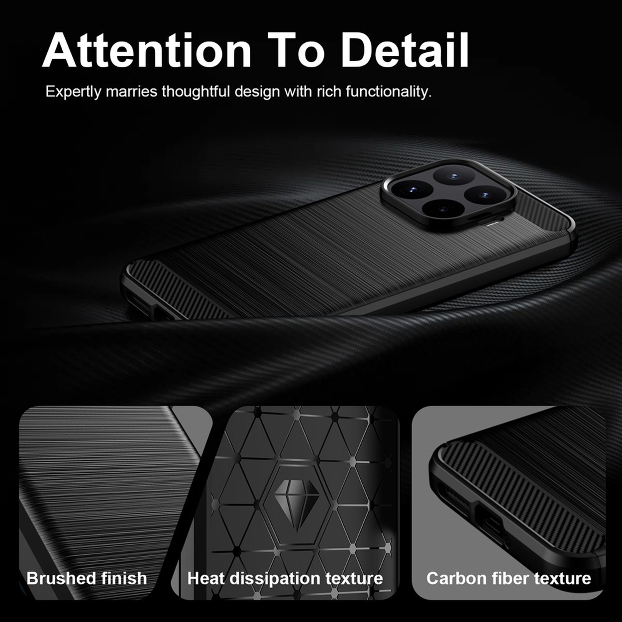 Coque de téléphone noire avec finition brossée, dissipation thermique et fibre de carbone.