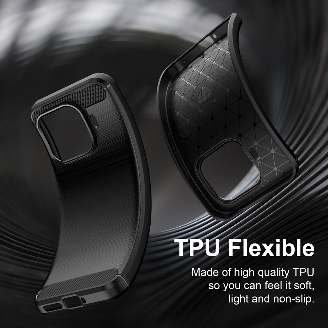 Deux coques de téléphone flexibles en TPU noir avec motifs brossés et quadrillés.