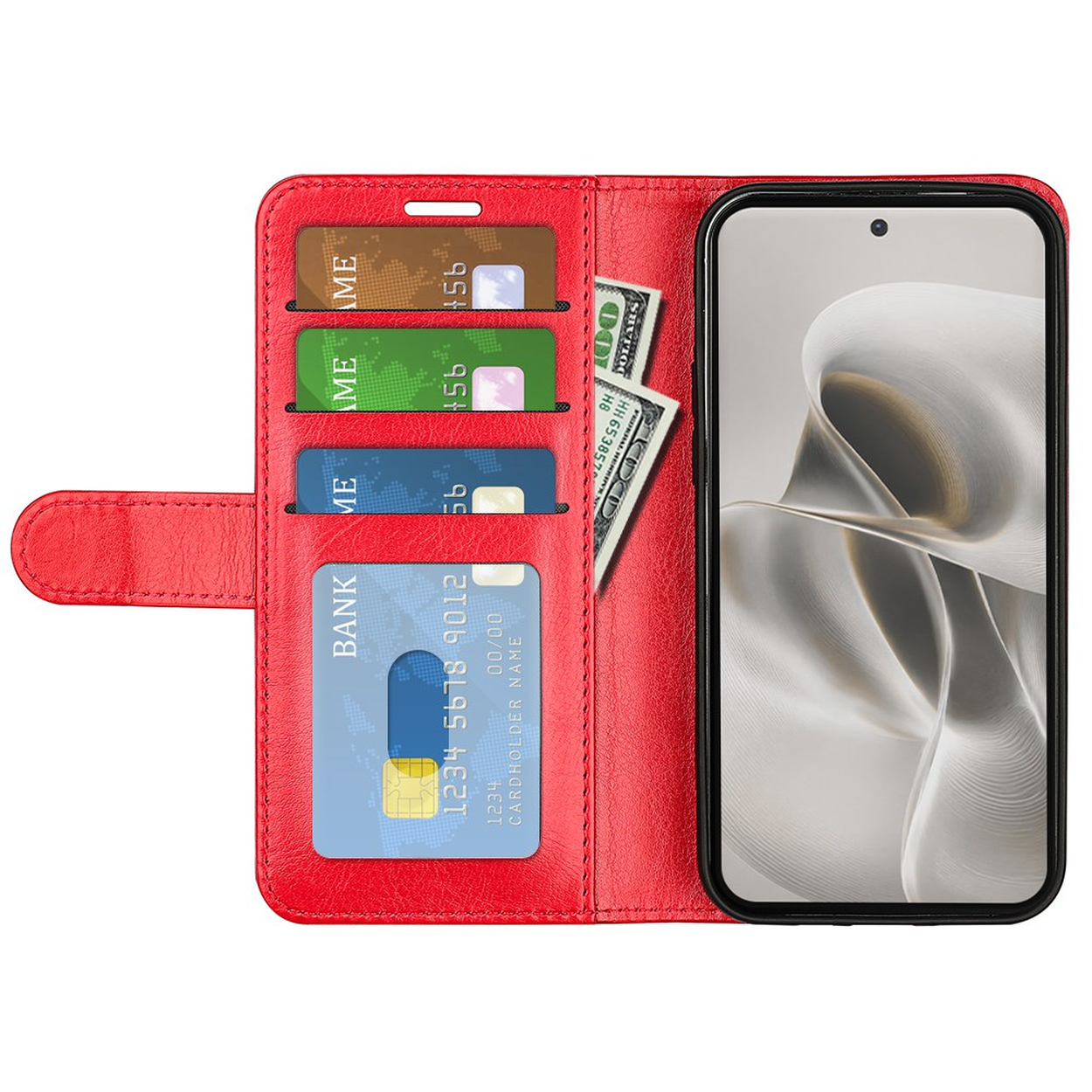 Rode leren portemonfeehoes met kaarthouders, contant geld en een smartphone.