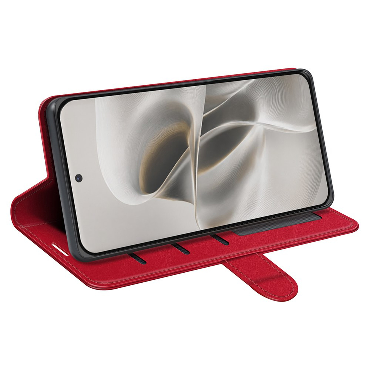 Rode flip telefoonhoes met smartphone en abstracte achtergrondafbeelding.