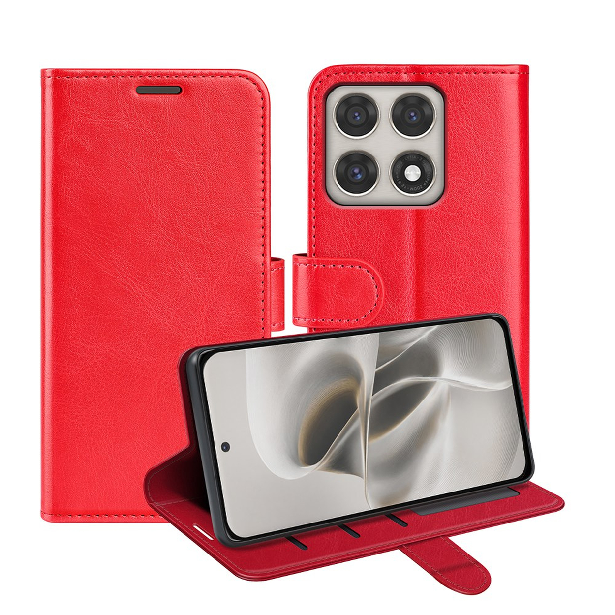 Rode smartphone flipcase met telefoon en vier cameralenzen.