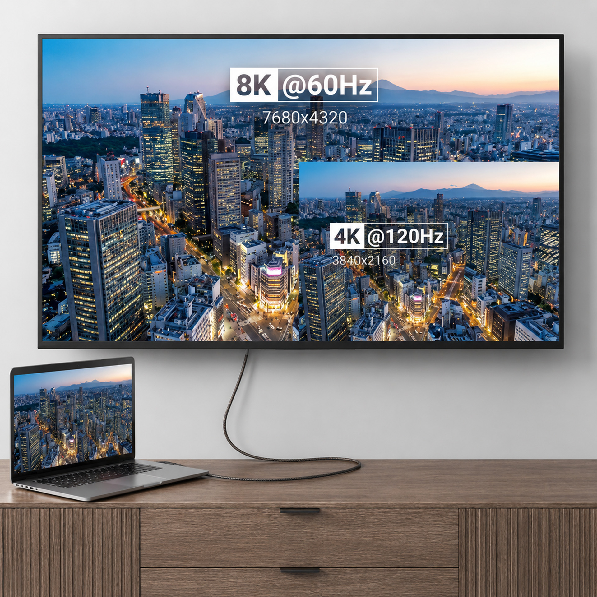 Laptop collegato alla TV che mostra un paesaggio urbano, risoluzioni 8K e 4K.