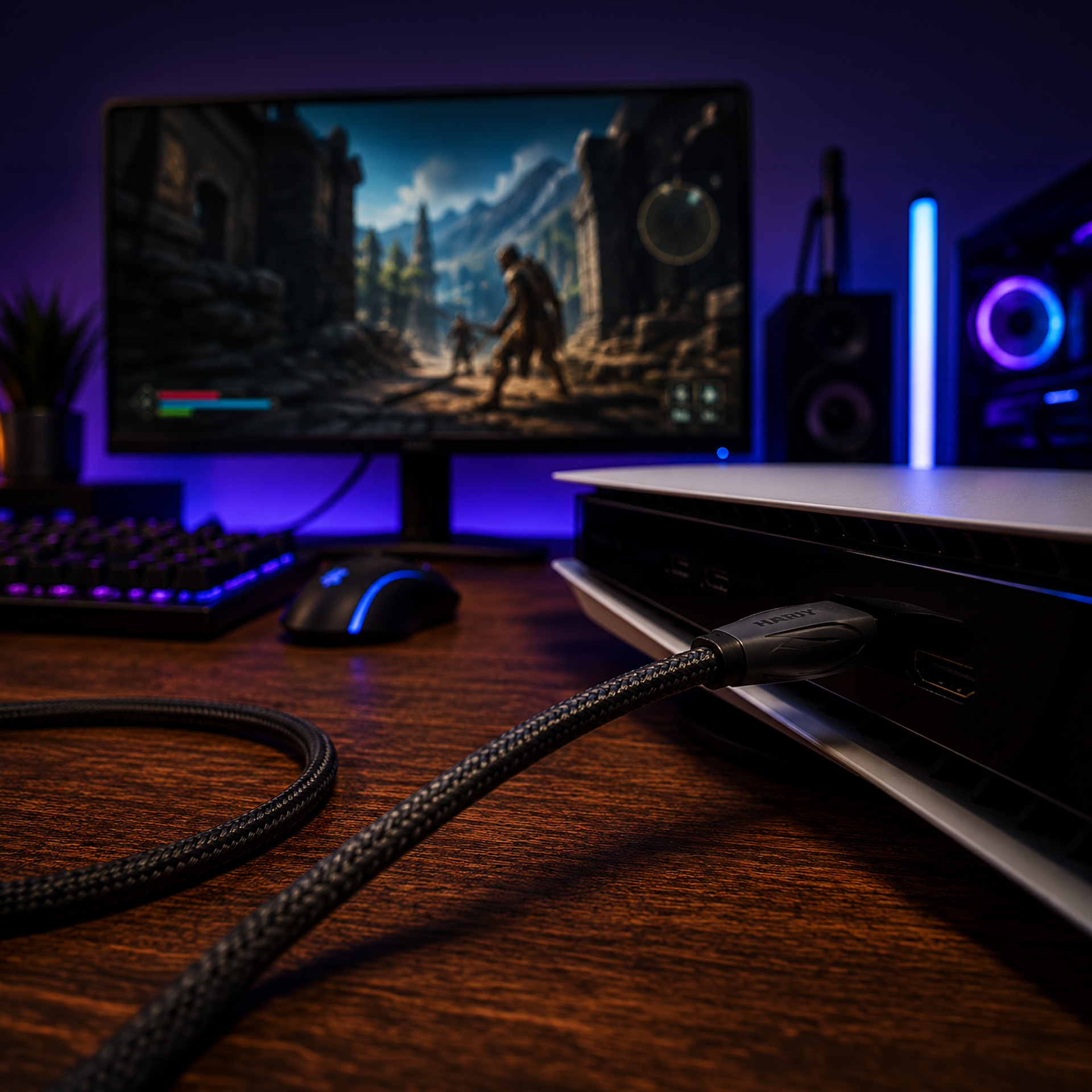 Un setup da gioco con console, monitor, tastiera e mouse al buio.