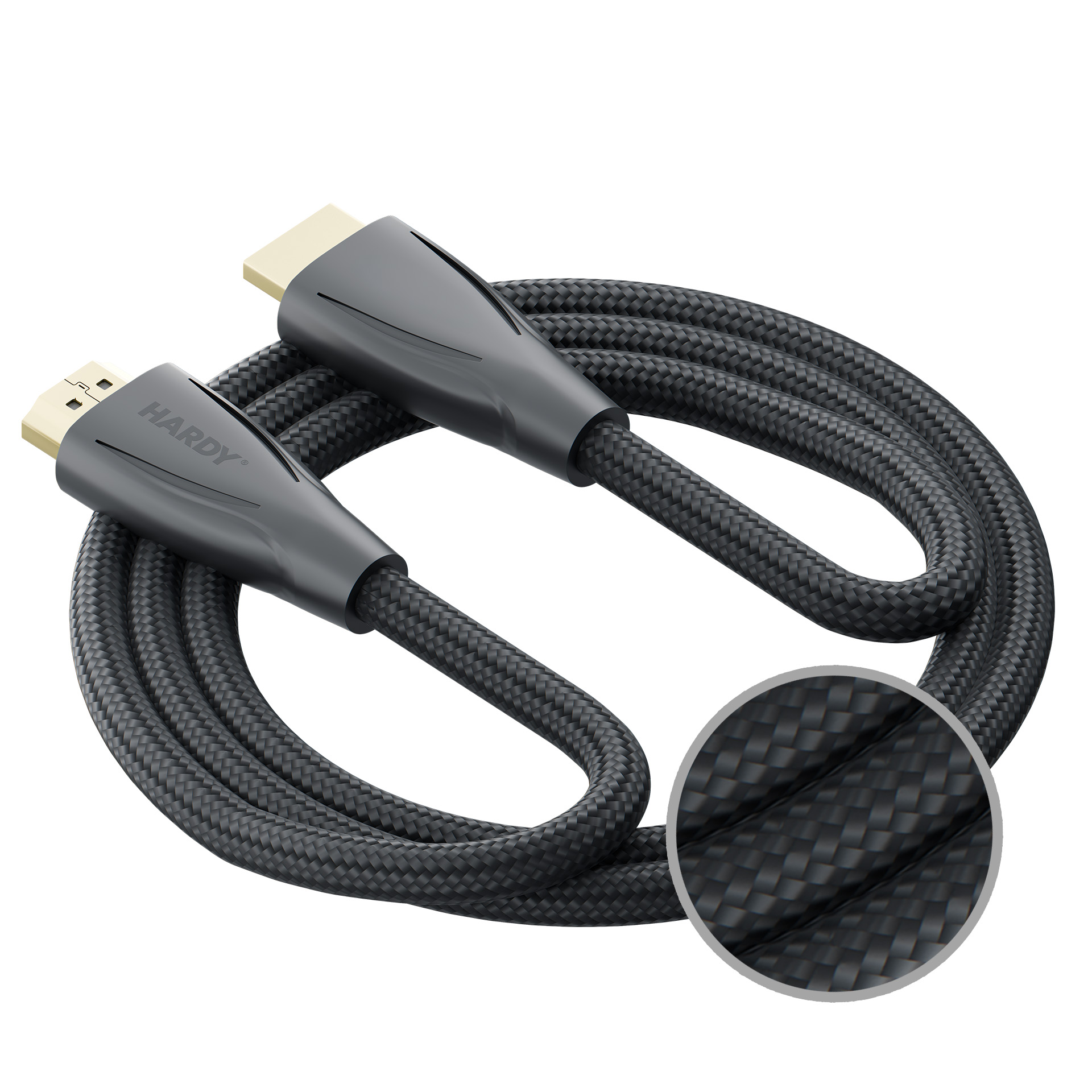 Un cavo HDMI intrecciato nero con connettori placcati oro e vista ravvicinata della trama.