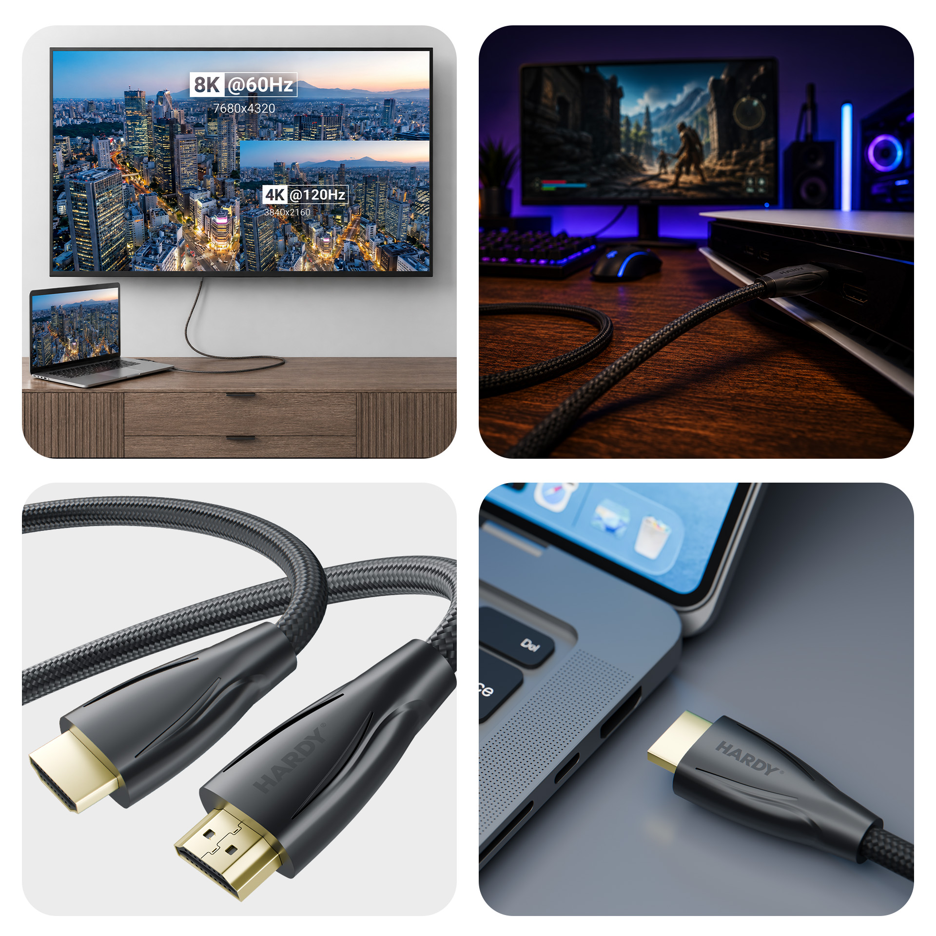 Cavo HDMI con connettori dorati collegato a laptop e console.