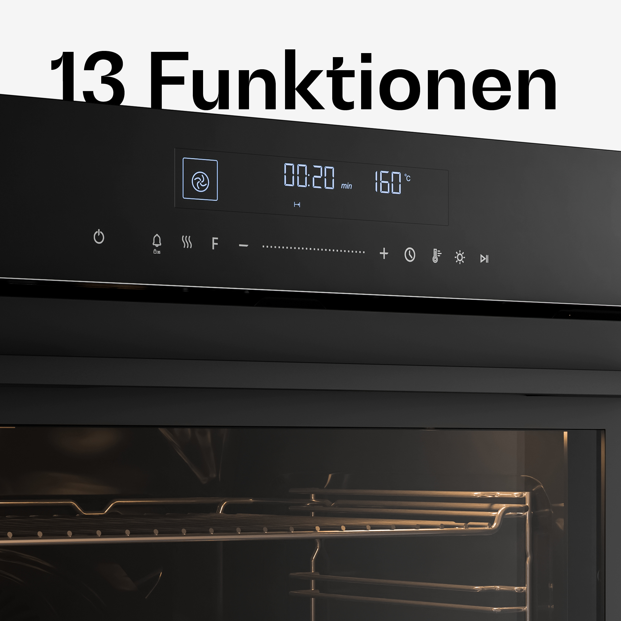 Ein Ofen-Display zeigt 00:20 min und 160°C. Icons für Lüfter, Zeit, Temperatur.