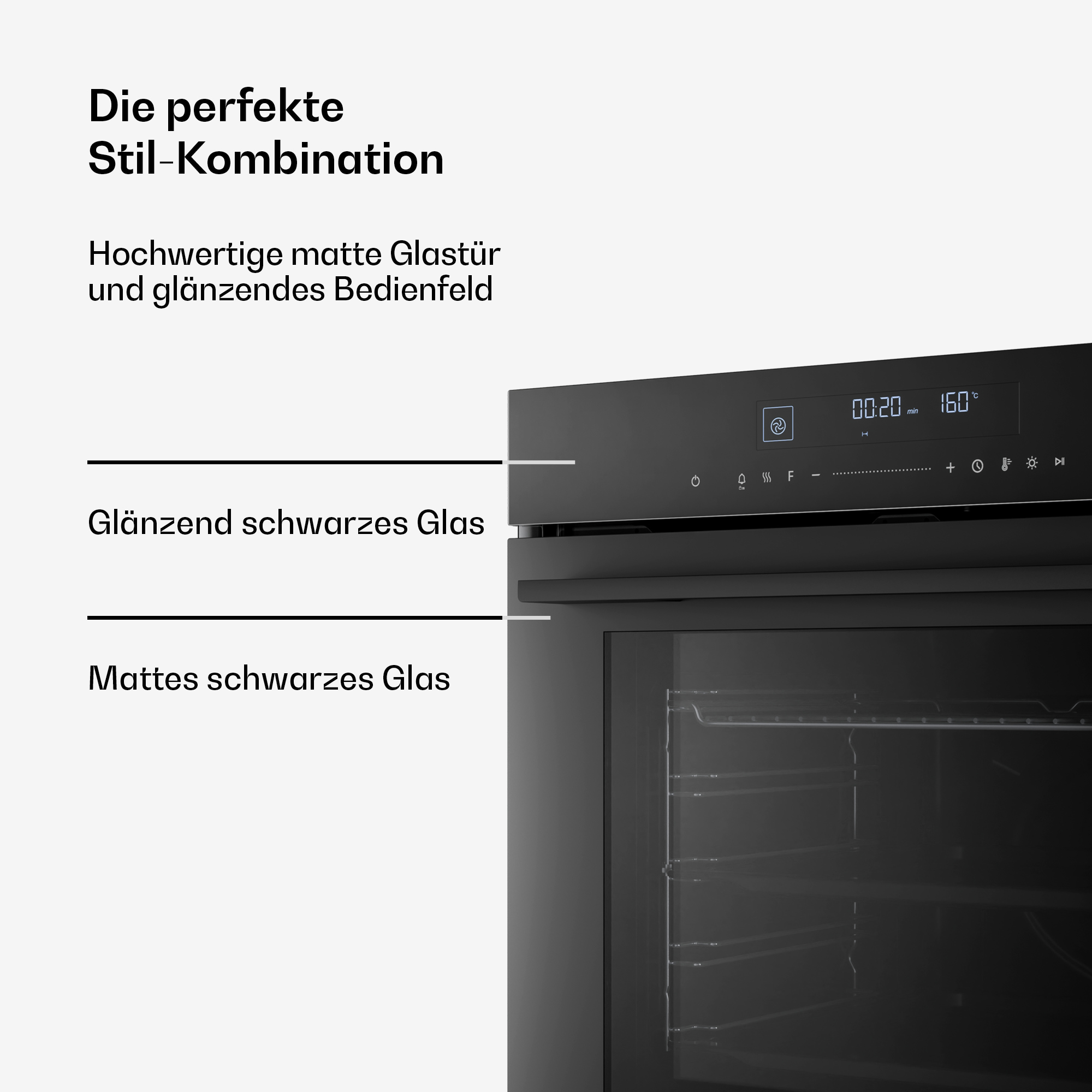 Ein moderner schwarzer Ofen mit Touchscreen-Bedienfeld und Innenbeleuchtung.