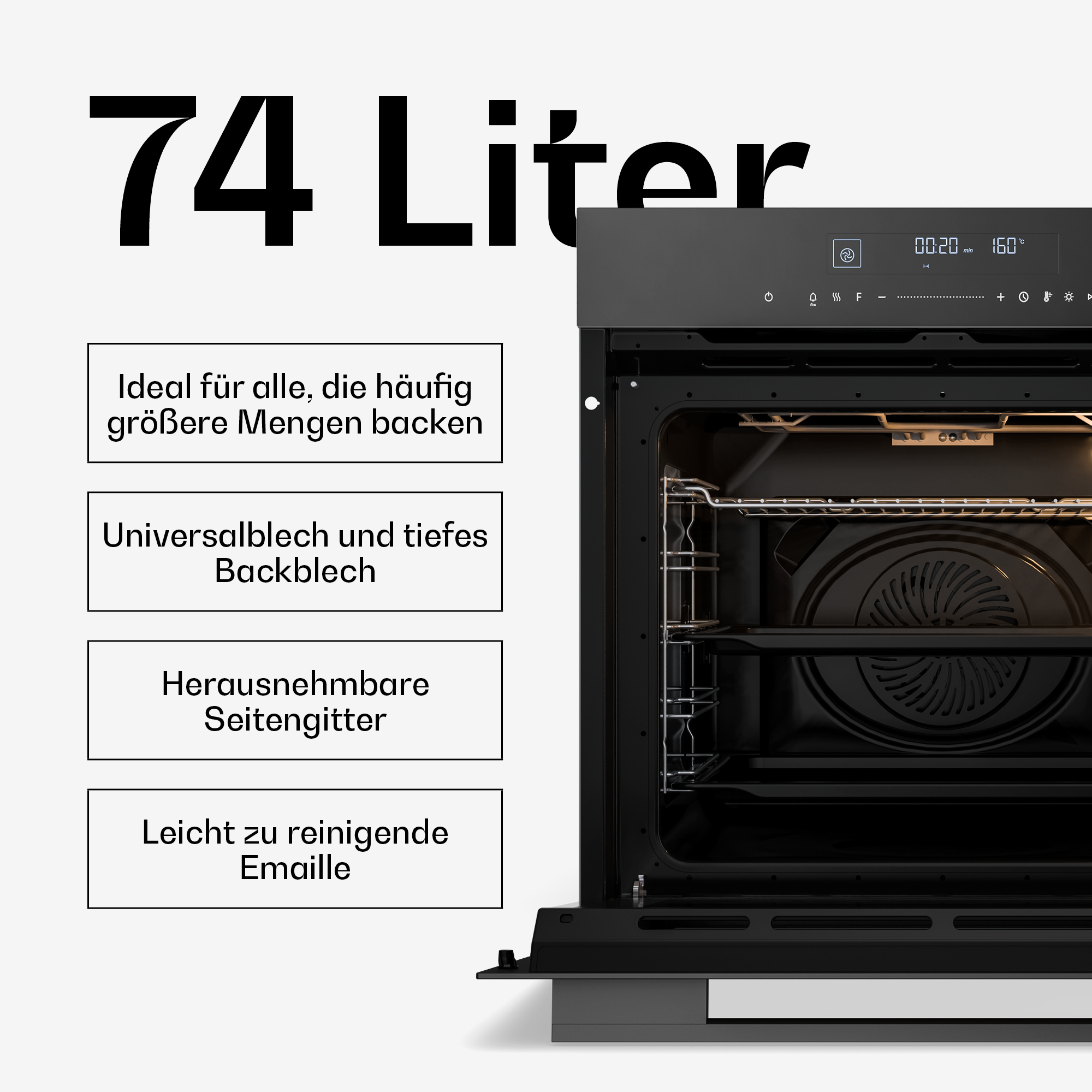 Ein moderner Ofen mit 74 Litern Kapazität und digitaler Anzeige.