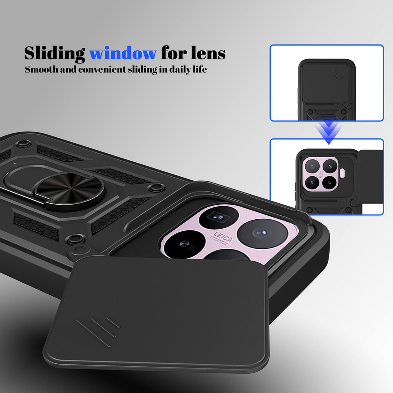 Coque noire pour téléphone avec support anneau et cache coulissant.