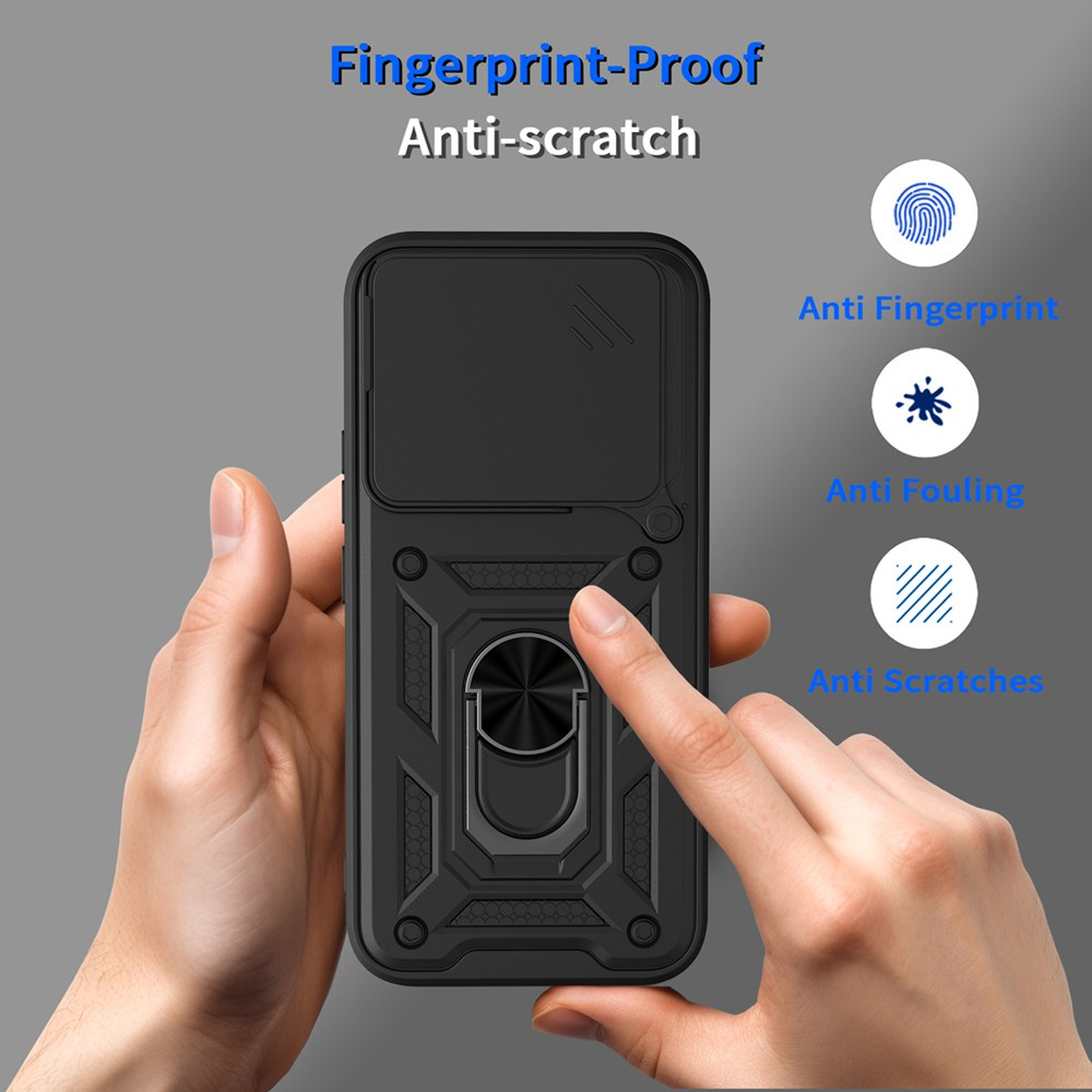 Coque noire pour téléphone avec support bague, anti-traces, anti-salissures, anti-rayures.